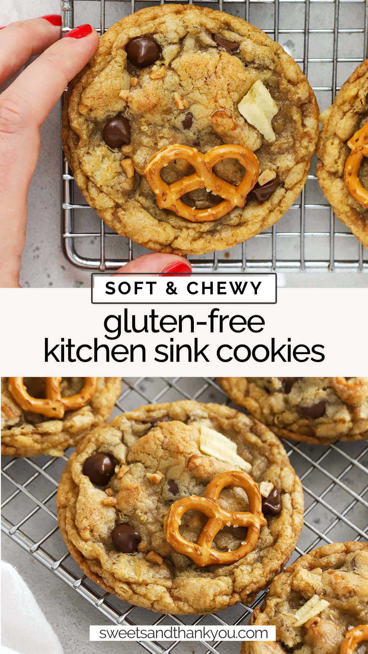 These Gluten-Free Kitchen Sink Cookies let you mix & match your way to your dream cookie. They basically have everything but the kitchen sink! / everything but the kitchen sink cookies gluten free / gluten free kitchen sink cookie recipe / gluten-free cookies / gluten-free chocolate chip cookies / gluten-free cookies with pretzels / gluten-free cookie recipe / gluten free panera cookies / gluten-free panera kitchen sink cookies