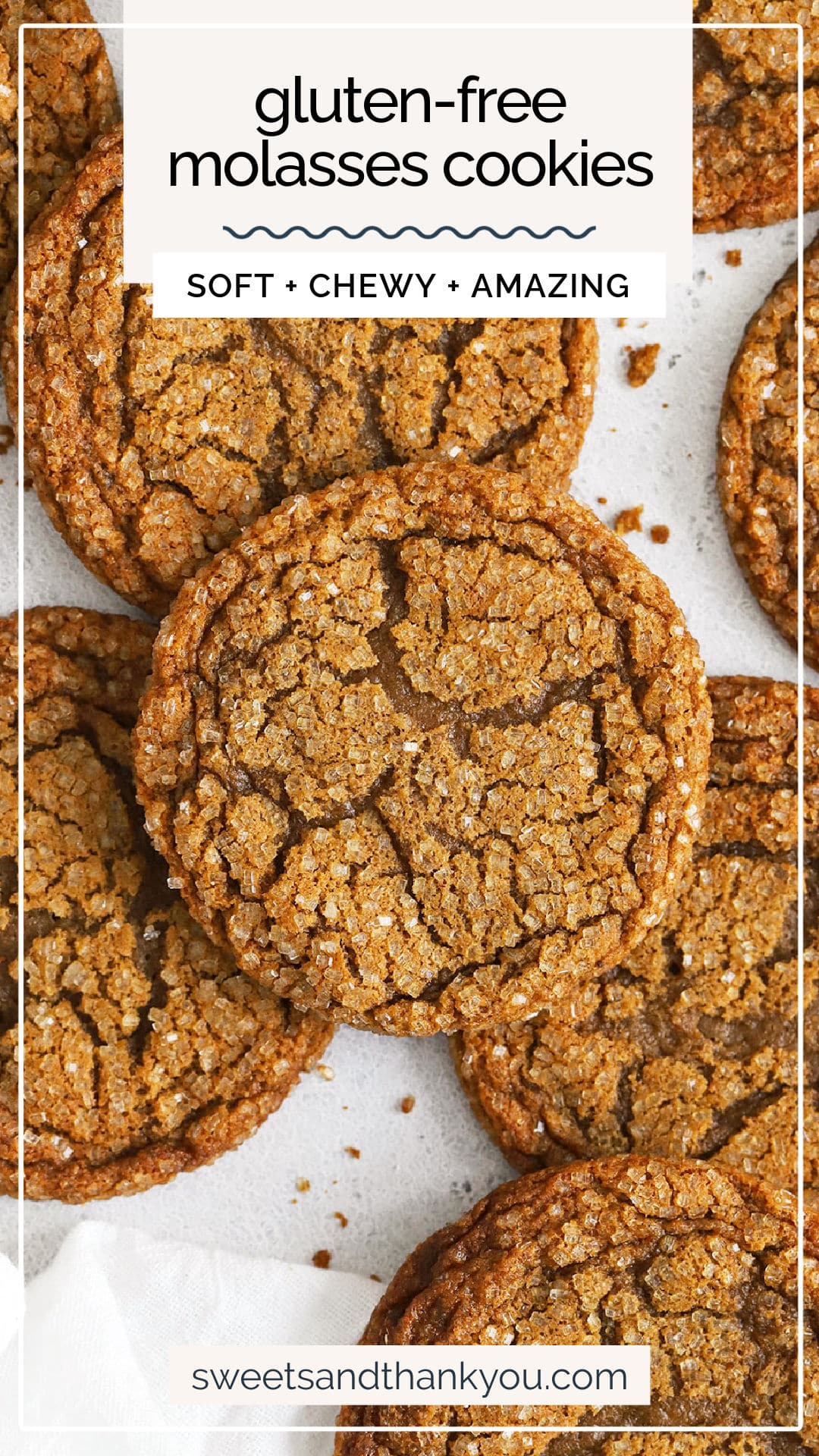 These soft, chewy gluten-free molasses cookies have warm spices and a satisfying crackle crunch on the outside you're going to LOVE. These gluten-free molasses crinkle cookies are perfect for the holidays or a gluten-free cookie exchange. You won't want to miss this holiday cookie recipe! 