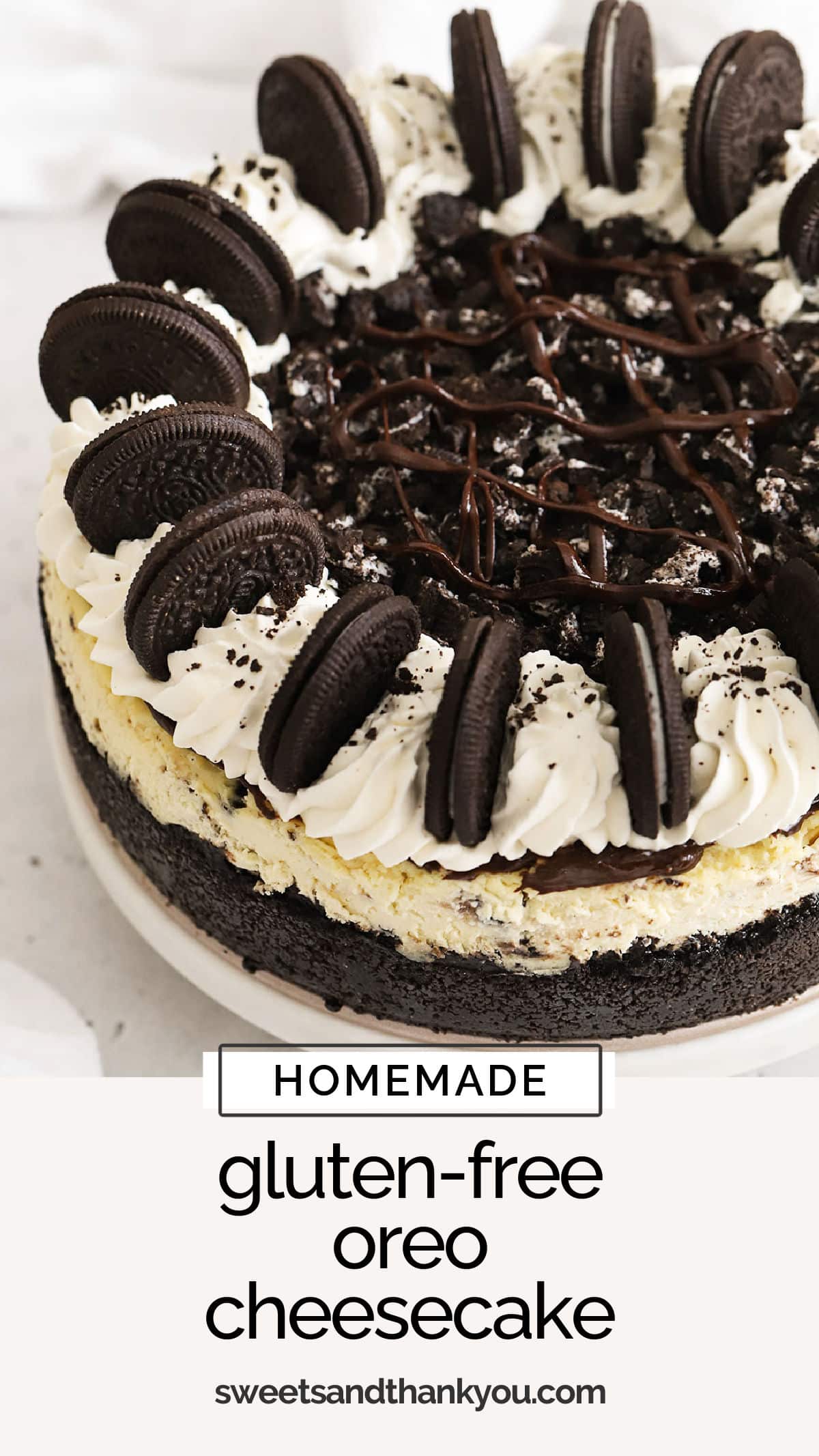 Our Gluten-Free Oreo Cheesecake recipe is a DREAM dessert for cookies & cream lovers! It's packed with with Oreo cookie flavor in every layer! / gluten-free oreo dessert recipes / gluten-free thanksgiving dessert / gluten-free cheesecake recipe / gluten-free holiday dessert / gluten-free birthday cake / gluten-free cake / gluten-free pie / the best oreo cheesecake recipe / easy oreo cheesecake recipe / gluten-free oreo cheesecake crust