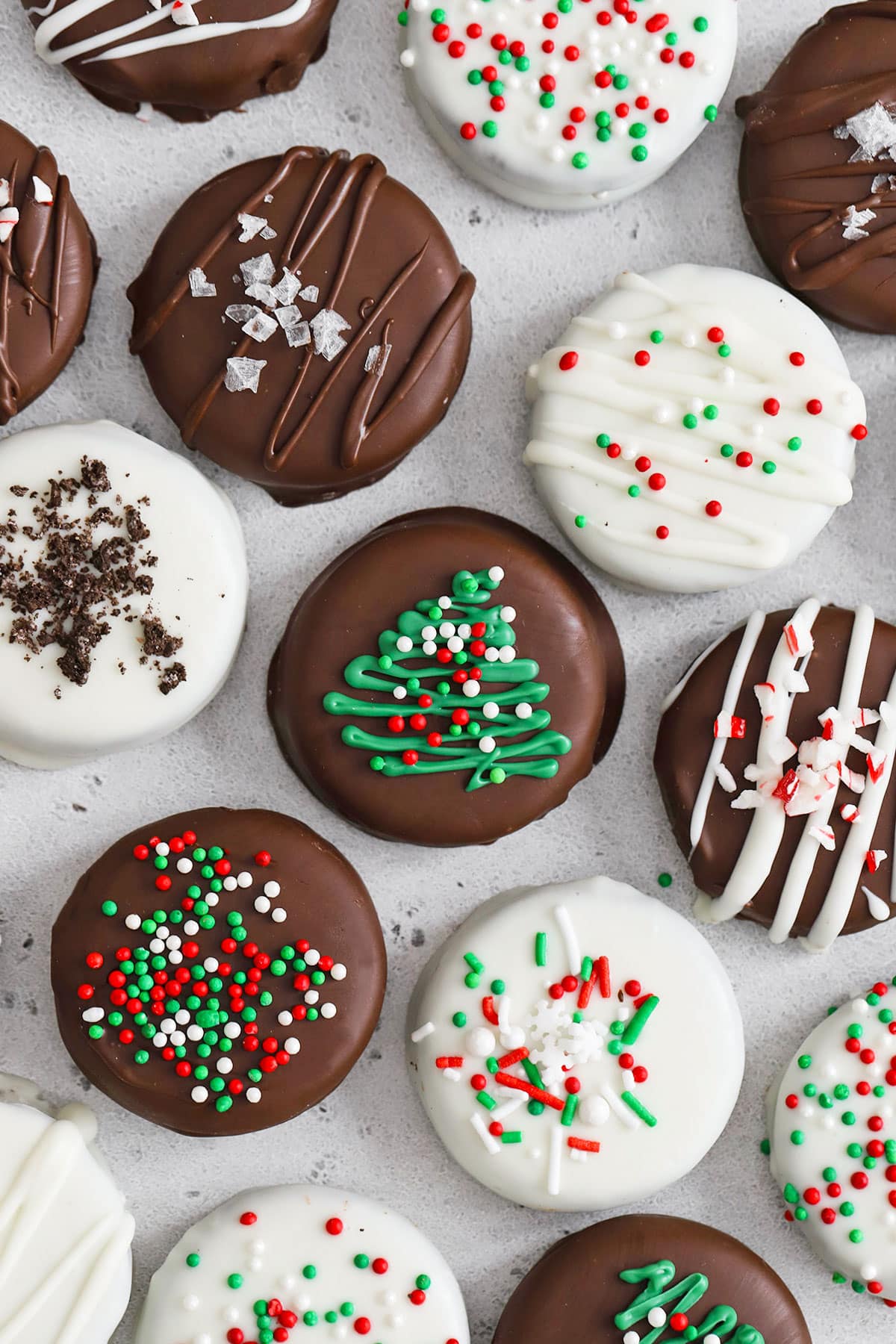 gluten-free Christmas chocolate covered oreos with holiday decorations