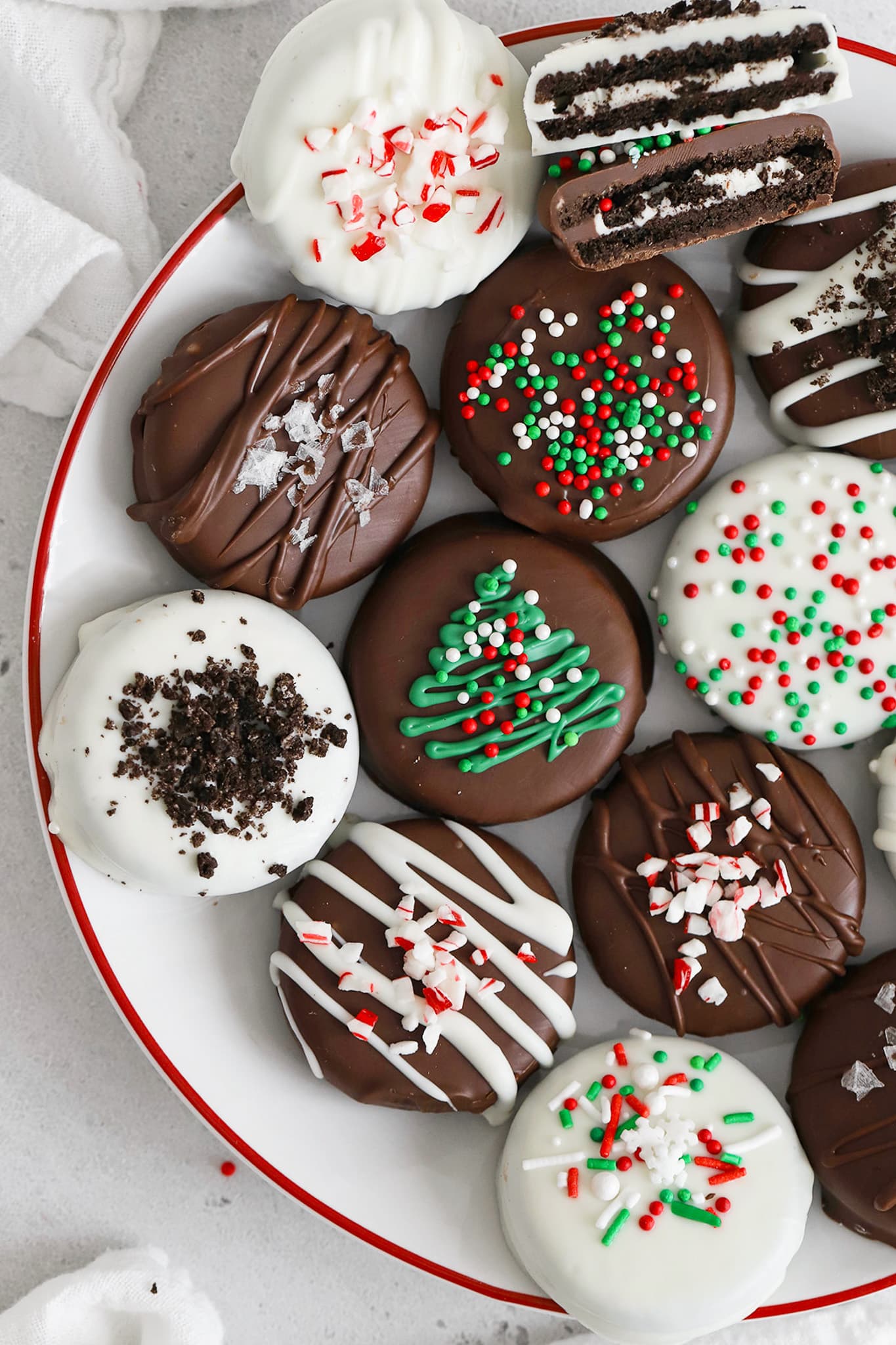Gluten-Free Chocolate Covered Oreos decorated for Christmas