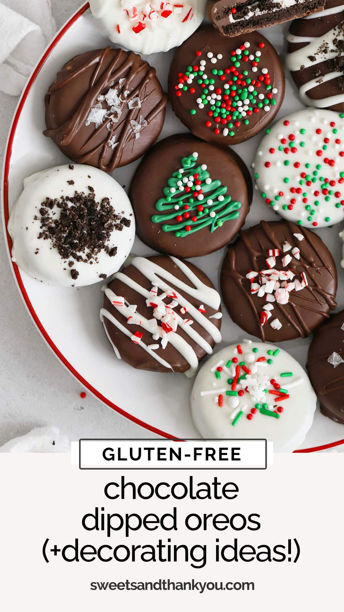 These easy (gluten-free!) chocolate covered Oreos are a fun no-bake holiday treat everyone LOVES! (Don't miss all our cute decorating ideas!) These easy chocolate dipped Oreos make such a cute addition to holiday treat plates or cookie exchanges. They're the perfect EASY holiday recipe to try this year!
