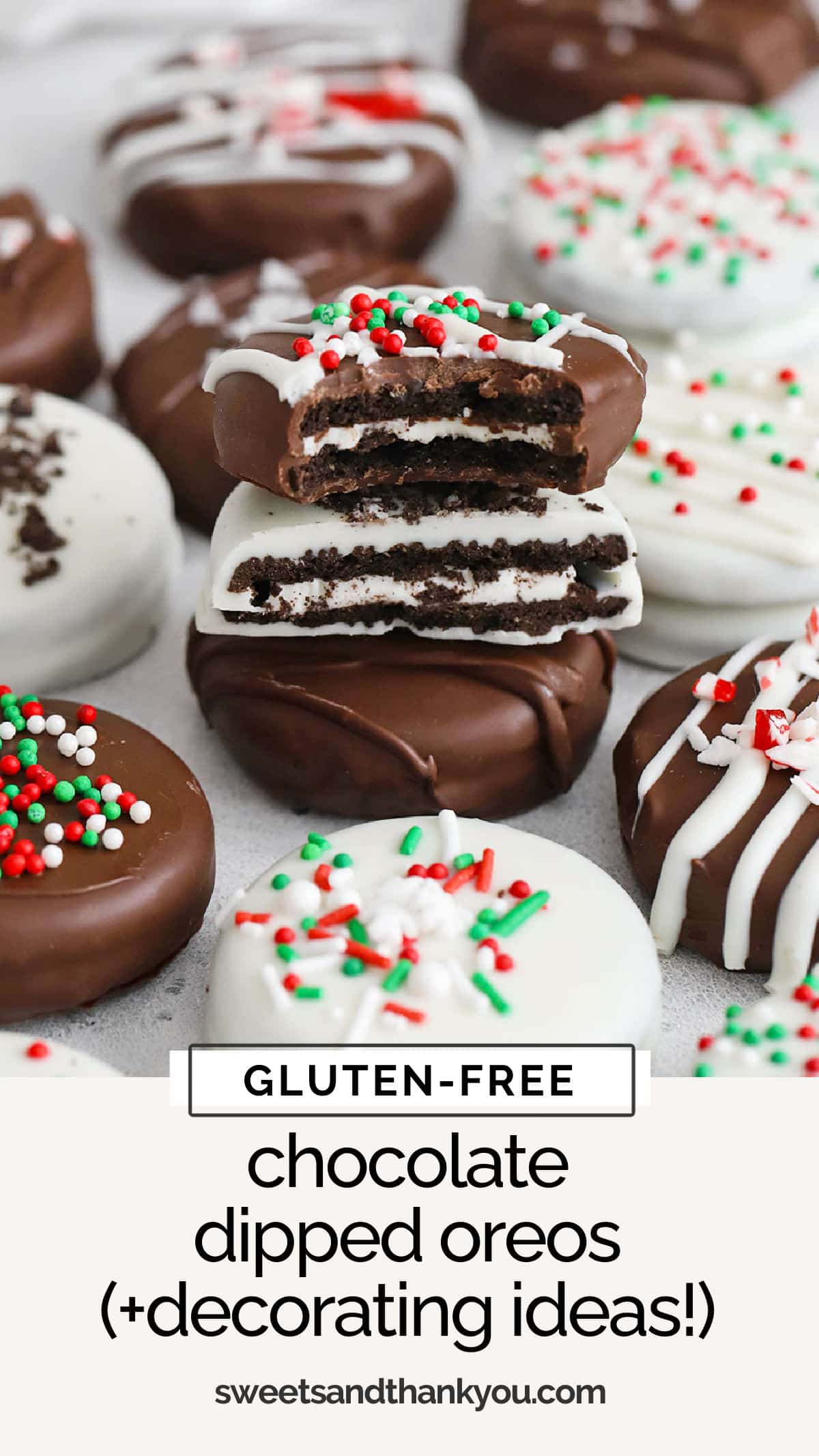 These easy (gluten-free!) chocolate covered Oreos are a fun no-bake holiday treat everyone LOVES! (Don't miss all our cute decorating ideas!) These easy chocolate dipped Oreos make such a cute addition to holiday treat plates or cookie exchanges. They're the perfect EASY holiday recipe to try this year!