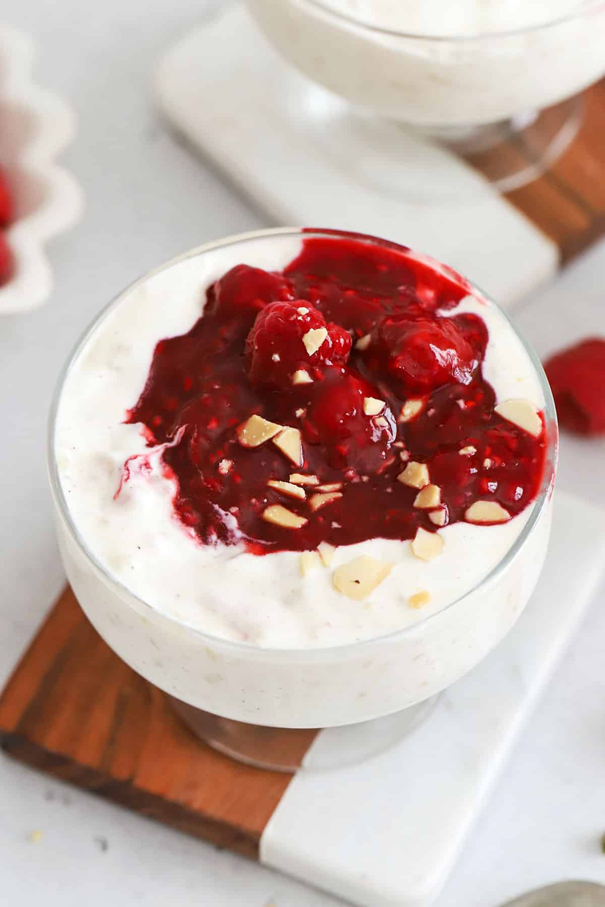 A bowl of risalamande (Danish rice pudding) with raspberry sauce