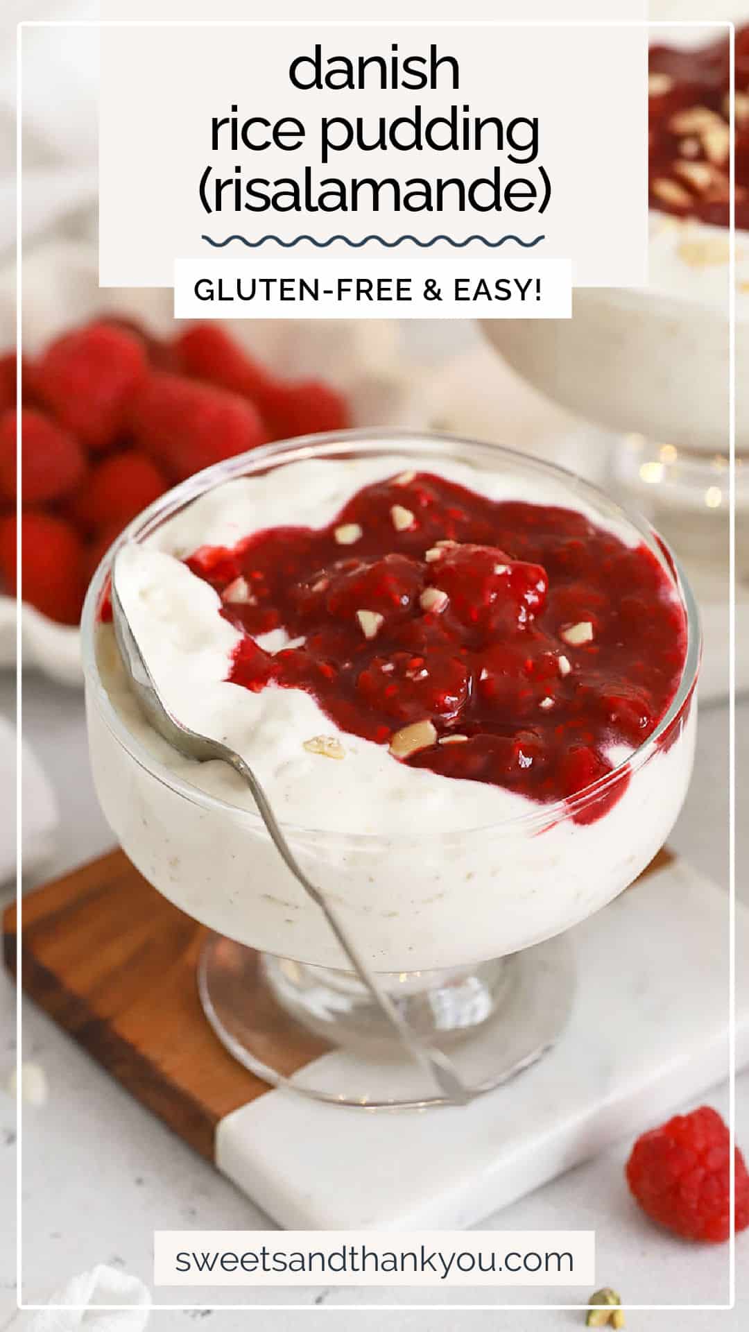This traditional Danish Rice Pudding recipe (risalamande) is the perfect holiday dessert. Try this rice pudding with raspberry sauce or add cherry sauce! This light, festive risalamande is always a hit for a traditional Christmas Eve dessert or your holiday celebration. (Don't miss learning about the fun game you play to win the almond present when eating it!) It's the perfect gluten-free dessert to add to your Christmas dinner. 
