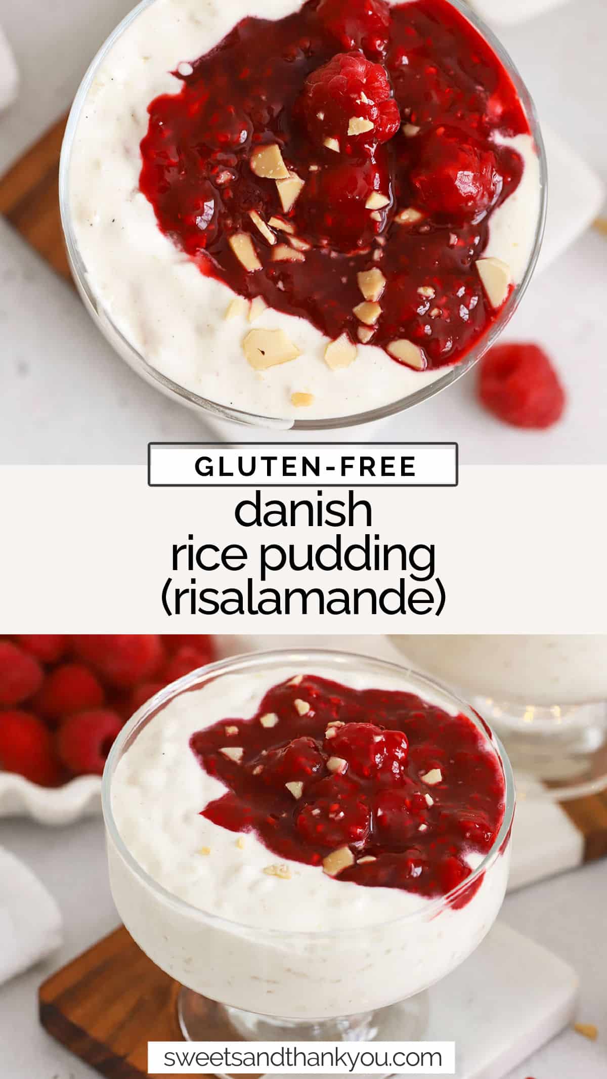 This traditional Danish Rice Pudding recipe (risalamande) is the perfect holiday dessert. Try this rice pudding with raspberry sauce or add cherry sauce! This light, festive risalamande is always a hit for a traditional Christmas Eve dessert or your holiday celebration. (Don't miss learning about the fun game you play to win the almond present when eating it!) It's the perfect gluten-free dessert to add to your Christmas dinner. 