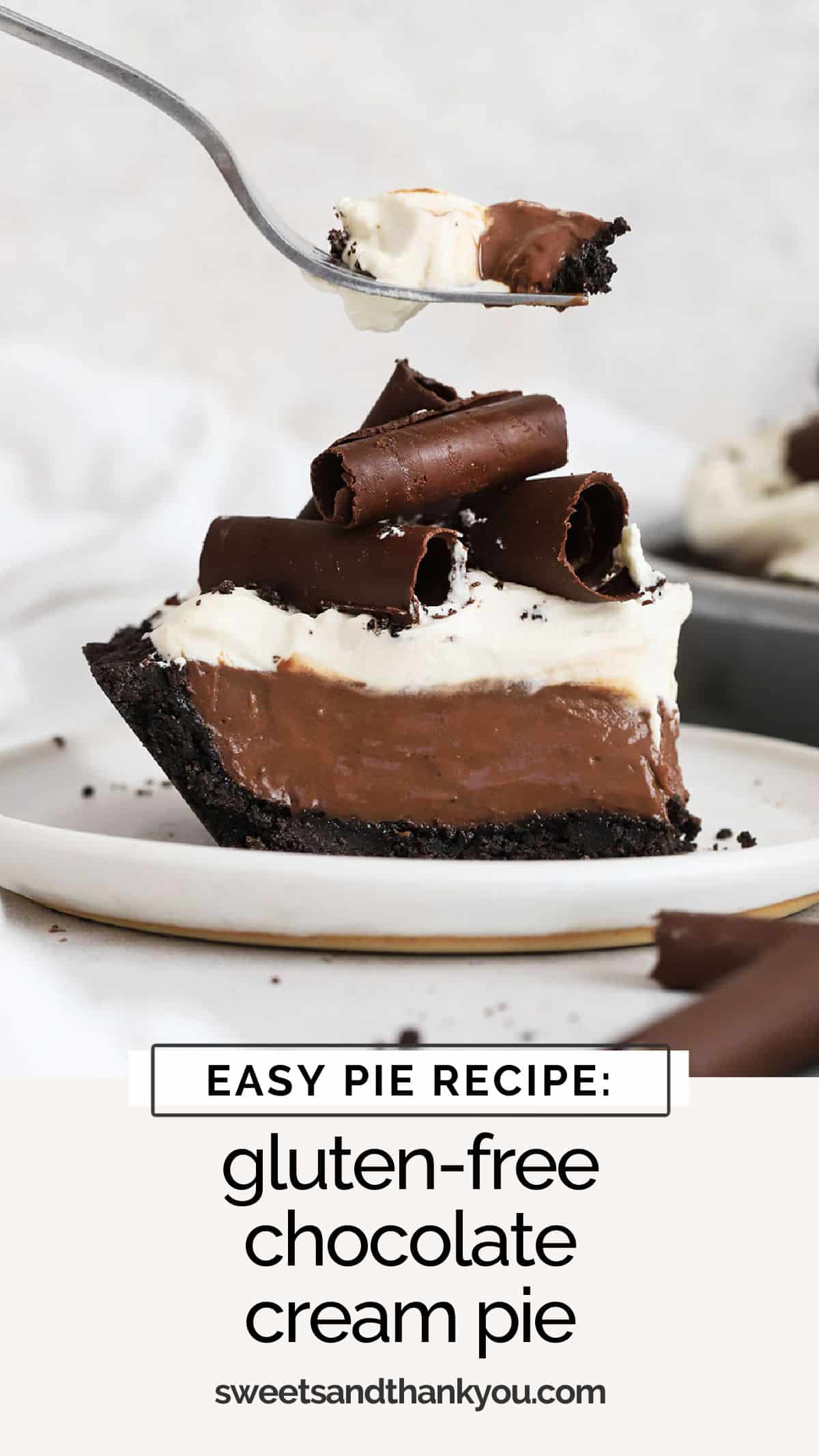 This easy gluten-free chocolate pie recipe is made with an easy chocolate cookie crust, decadent chocolate pudding pie filling, and fluffy whipped cream. It's probably the most popular gluten-free Thanksgiving pie recipe we ever serve, though this gluten-free chocolate cream pie is amazing for birthdays, holidays & celebrations, too! 