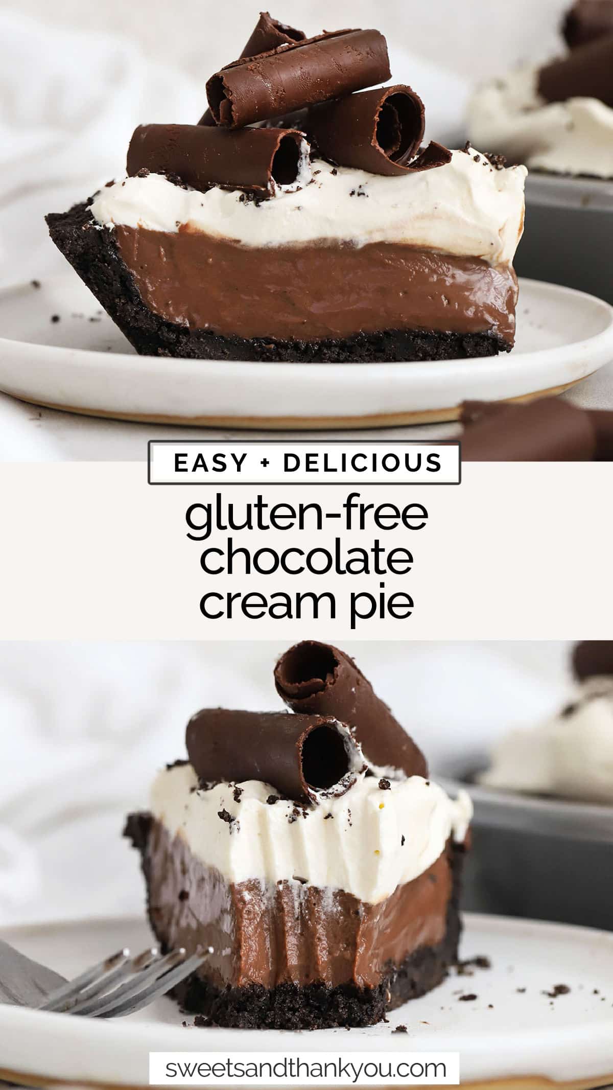 This easy gluten-free chocolate pie recipe is made with an easy chocolate cookie crust, decadent chocolate pudding pie filling, and fluffy whipped cream. It's probably the most popular gluten-free Thanksgiving pie recipe we ever serve, though this gluten-free chocolate cream pie is amazing for birthdays, holidays & celebrations, too! 