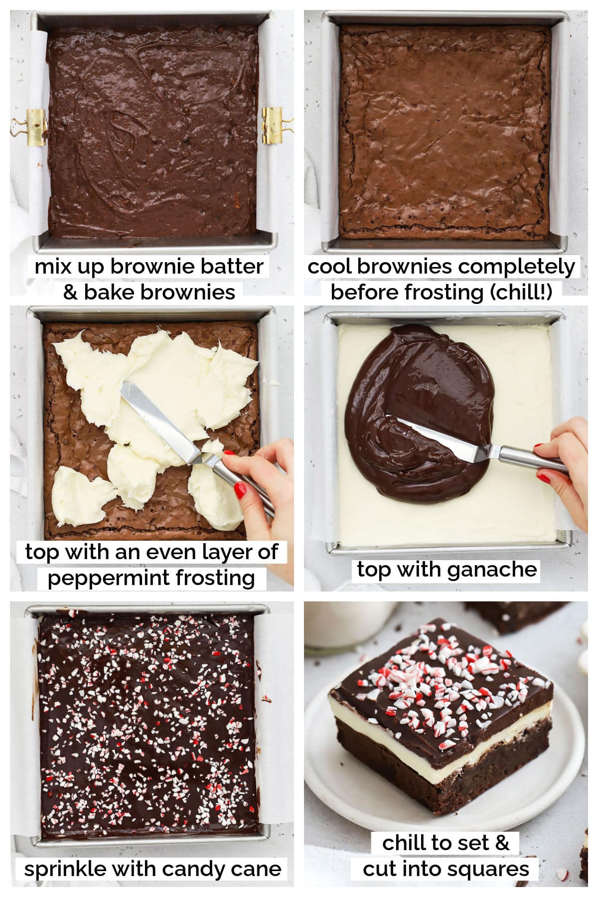 making frosted gluten-free peppermint brownies, layer by layer