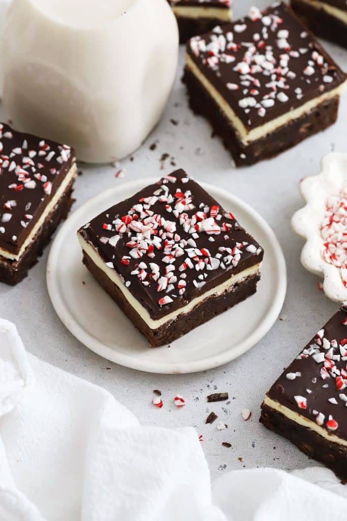 gluten-free peppermint crunch brownies cut into squares