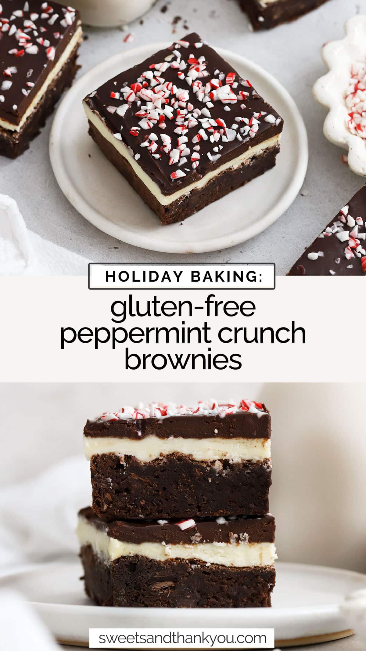Our Gluten-Free Peppermint Crunch Brownies (aka Christmas Brownies or Peppermint Bark Brownies!) are made with layers of chewy gluten-free brownies, peppermint frosting, an easy chocolate ganache & crunchy bits candy cane! They're the perfect gluten-free brownies for the holidays. Try adding them to a gluten-free cookie exchange or holiday treat plate for a little extra holiday cheer!