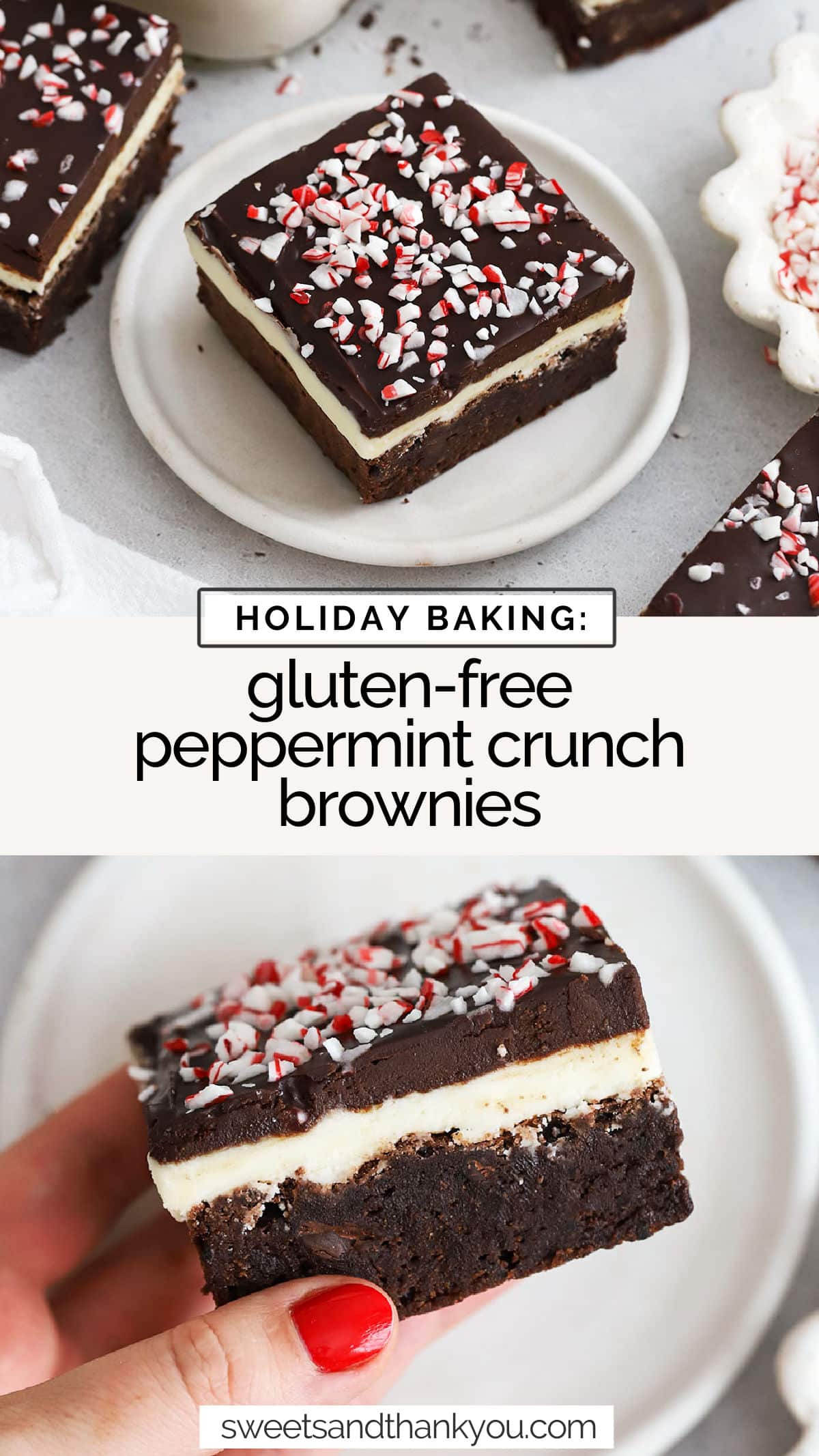 Our Gluten-Free Peppermint Crunch Brownies (aka Christmas Brownies or Peppermint Bark Brownies!) are made with layers of chewy gluten-free brownies, peppermint frosting, an easy chocolate ganache & crunchy bits candy cane! They're the perfect gluten-free brownies for the holidays. Try adding them to a gluten-free cookie exchange or holiday treat plate for a little extra holiday cheer!