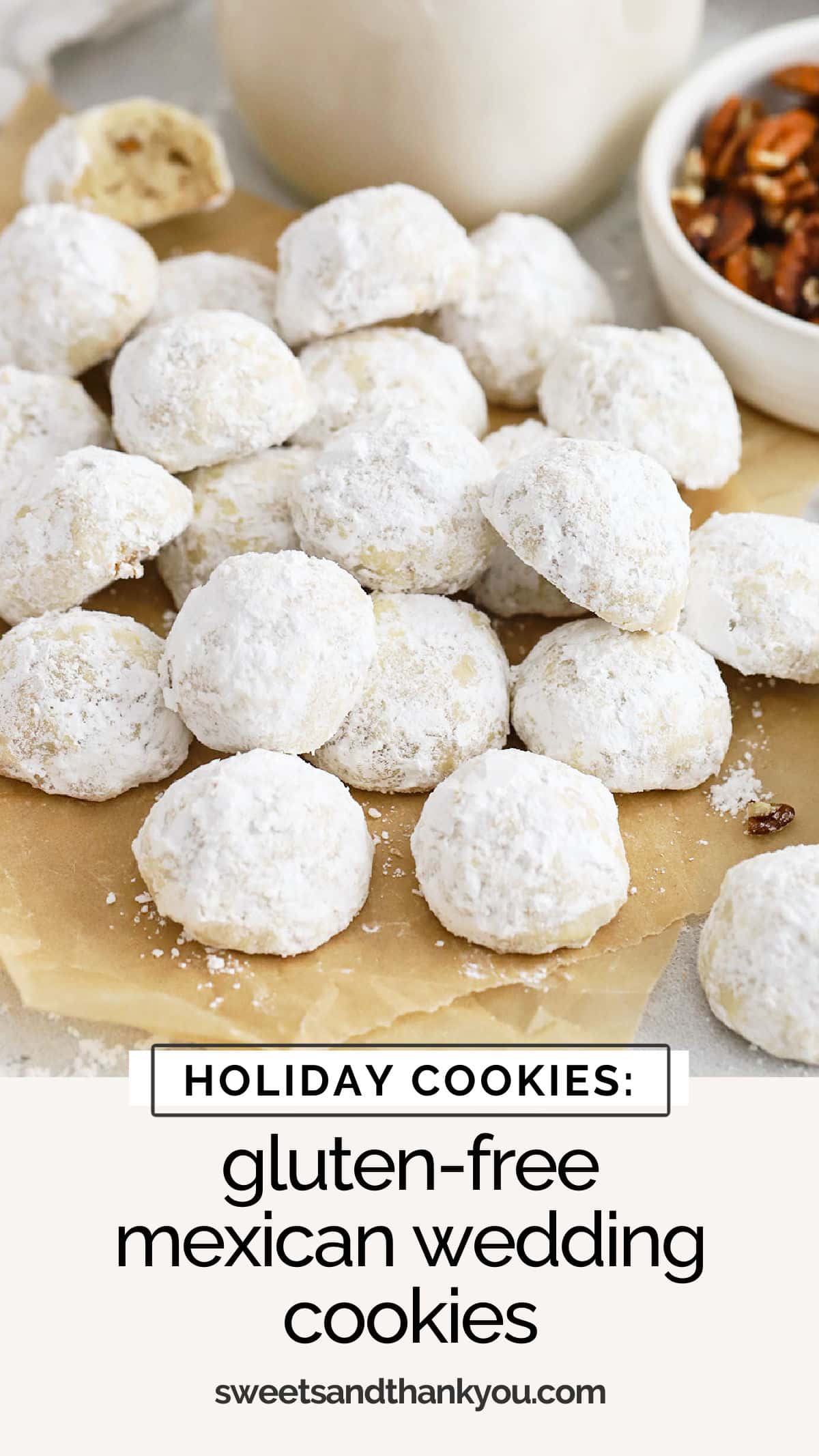 These gluten-free Mexican wedding cookies (aka gluten-free snowball cookies!) will absolutely melt in your mouth. With their delicate texture & delicious flavor, they're a perfect gluten-free holiday cookie recipe! Add them to a gluten-free holiday cookie plate or for a gluten-free cookie exchange. They're always a hit! 