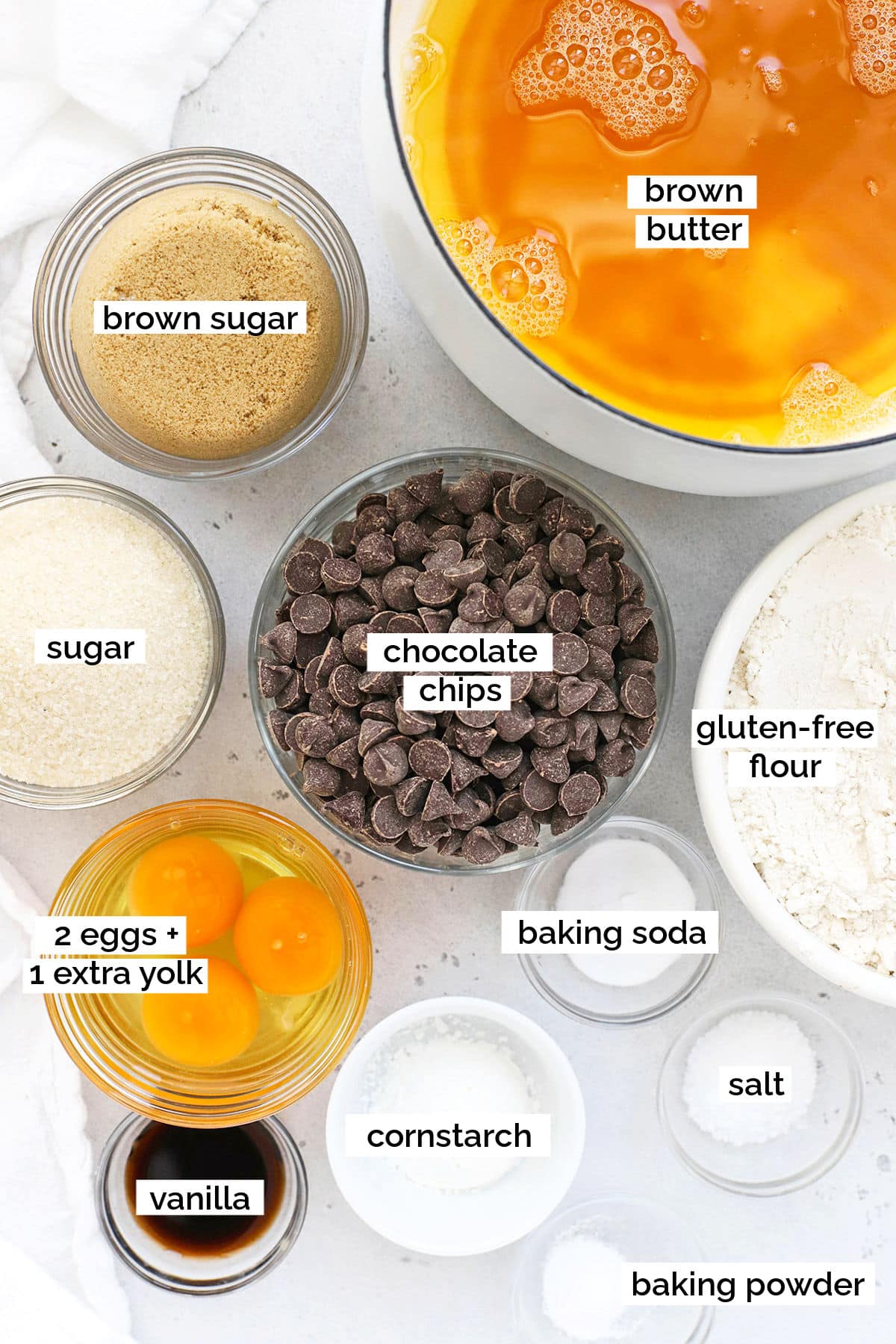 ingredients for gluten-free brown butter chocolate chip cookies