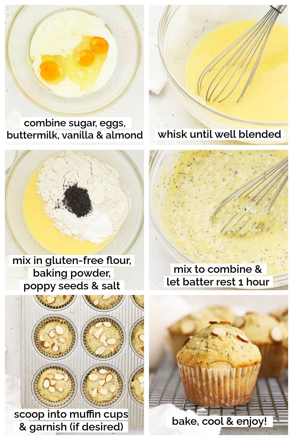 making gluten-free almond poppy seed muffins step by step