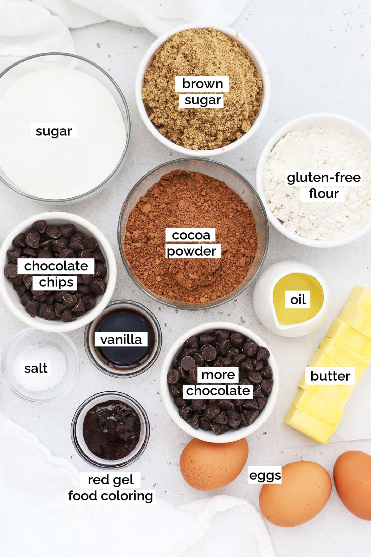 ingredients for gluten-free red velvet brownies