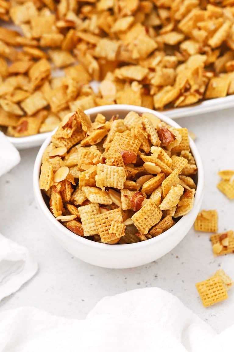 gluten-free sweet chex mix in a serving bowl