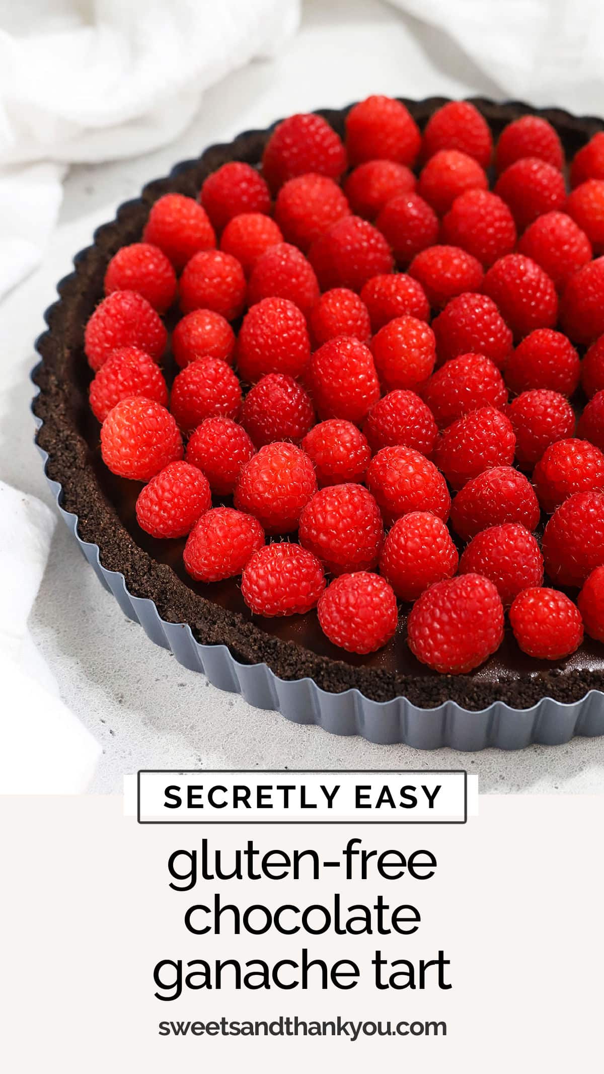 Made with a simple chocolate crust and luscious ganache filling, this easy gluten-free chocolate tart is perfect for a special occasion! We love to make it as a gluten-free chocolate raspberry tart with fresh raspberries, but you can try one of our other yummy toppings, if you prefer. No matter how you serve it, this gluten-free tart is sure to impress!