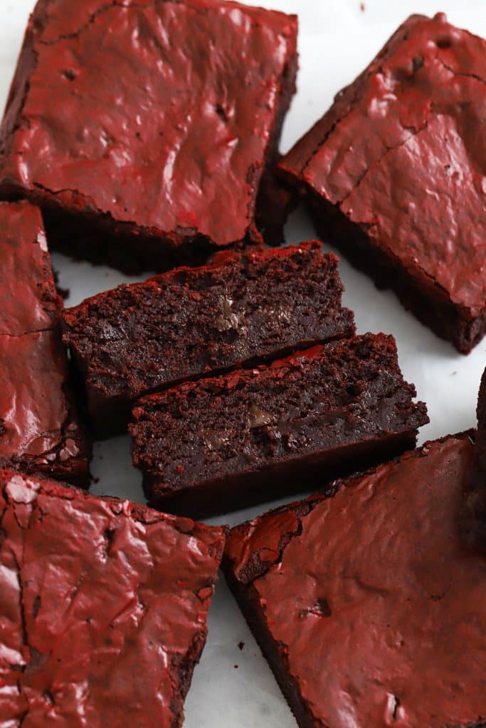 gluten-free red velvet brownies on their side to show their fudgy texture