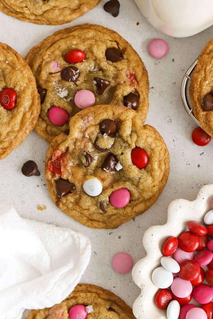 gluten-free Valentine's Day cookies with m&ms and chocolate chips