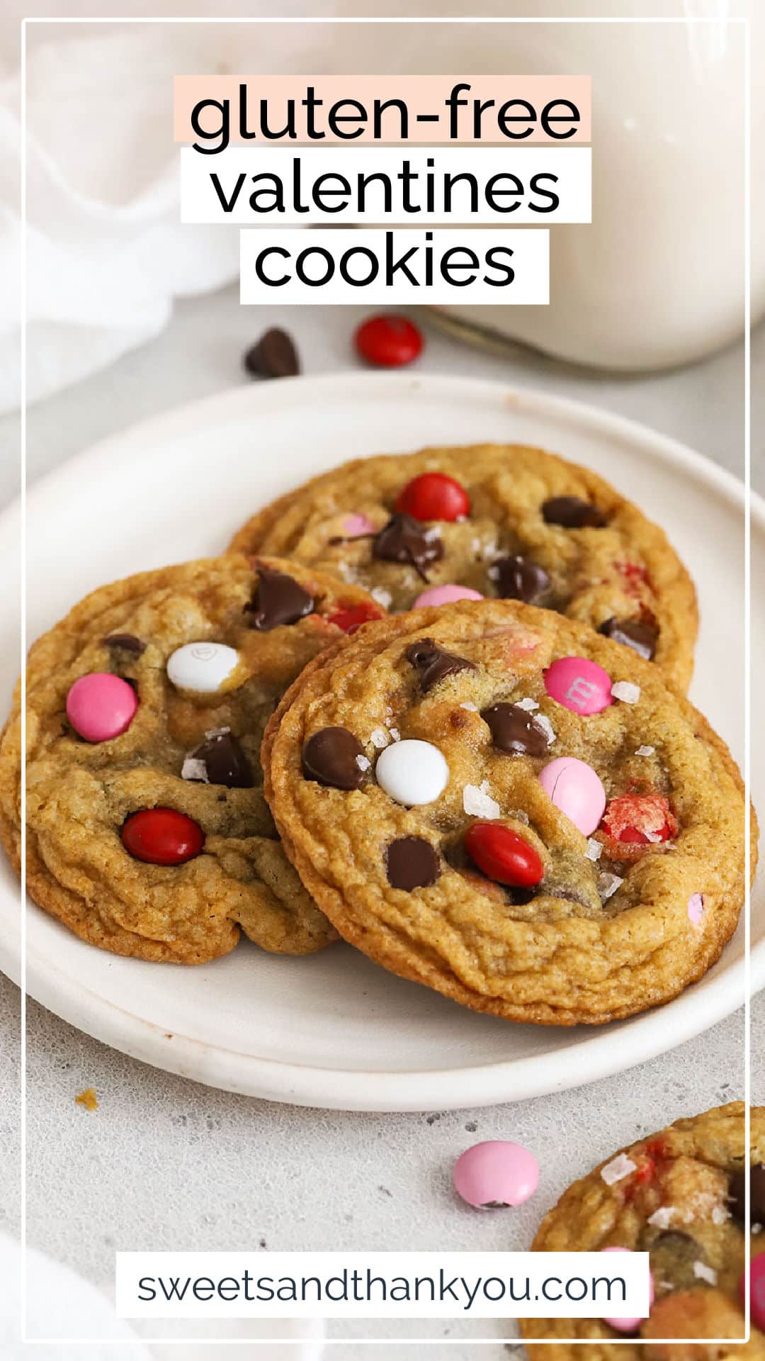Our Gluten-Free Valentines Cookies recipe is a delightful sweet treat for a Valentine's day party or celebration. With a mix of chocolate chips & colorful M&Ms in every bite, these gluten-free Valentine's Day cookies are made from simple ingredients and add a cute, colorful touch to your holiday. (Don't miss our other favorite gluten-free Valentine's Day recipes to try in the post!)