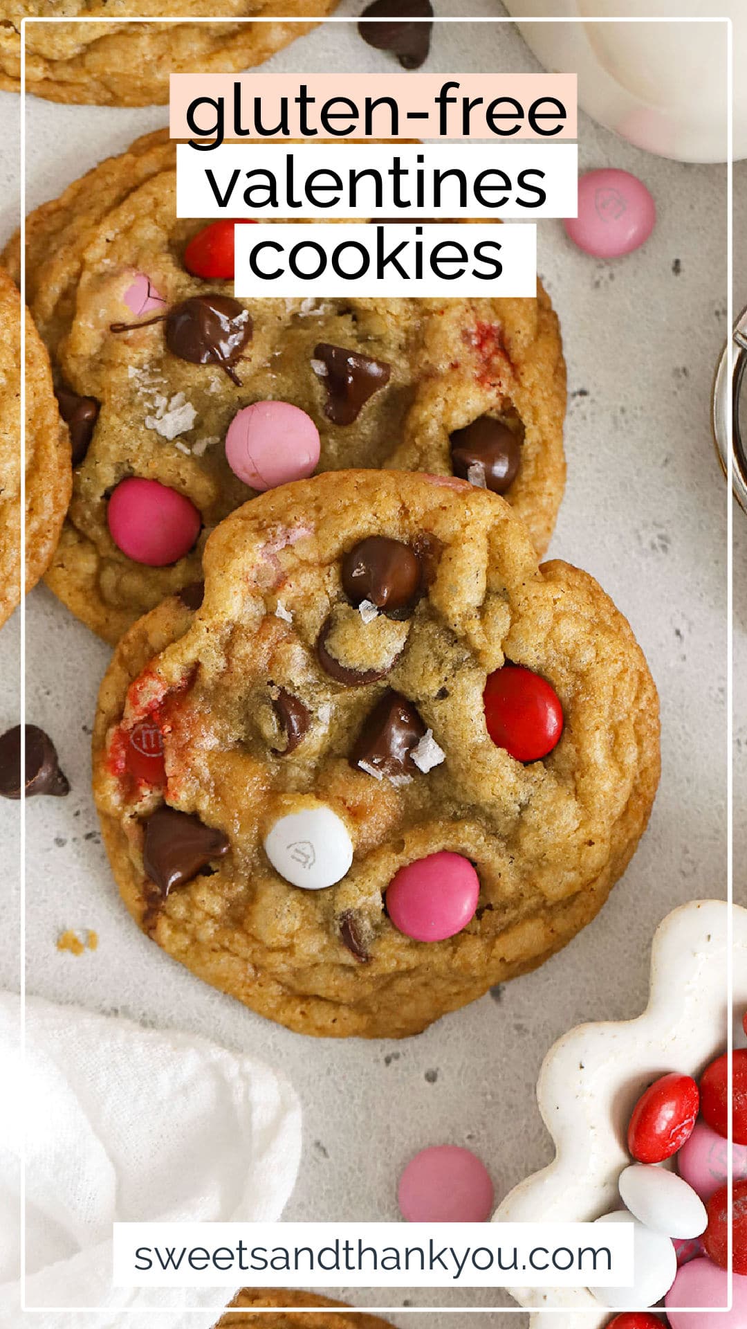 Our Gluten-Free Valentines Cookies recipe is a delightful sweet treat for a Valentine's day party or celebration. With a mix of chocolate chips & colorful M&Ms in every bite, these gluten-free Valentine's Day cookies are made from simple ingredients and add a cute, colorful touch to your holiday. (Don't miss our other favorite gluten-free Valentine's Day recipes to try in the post!)