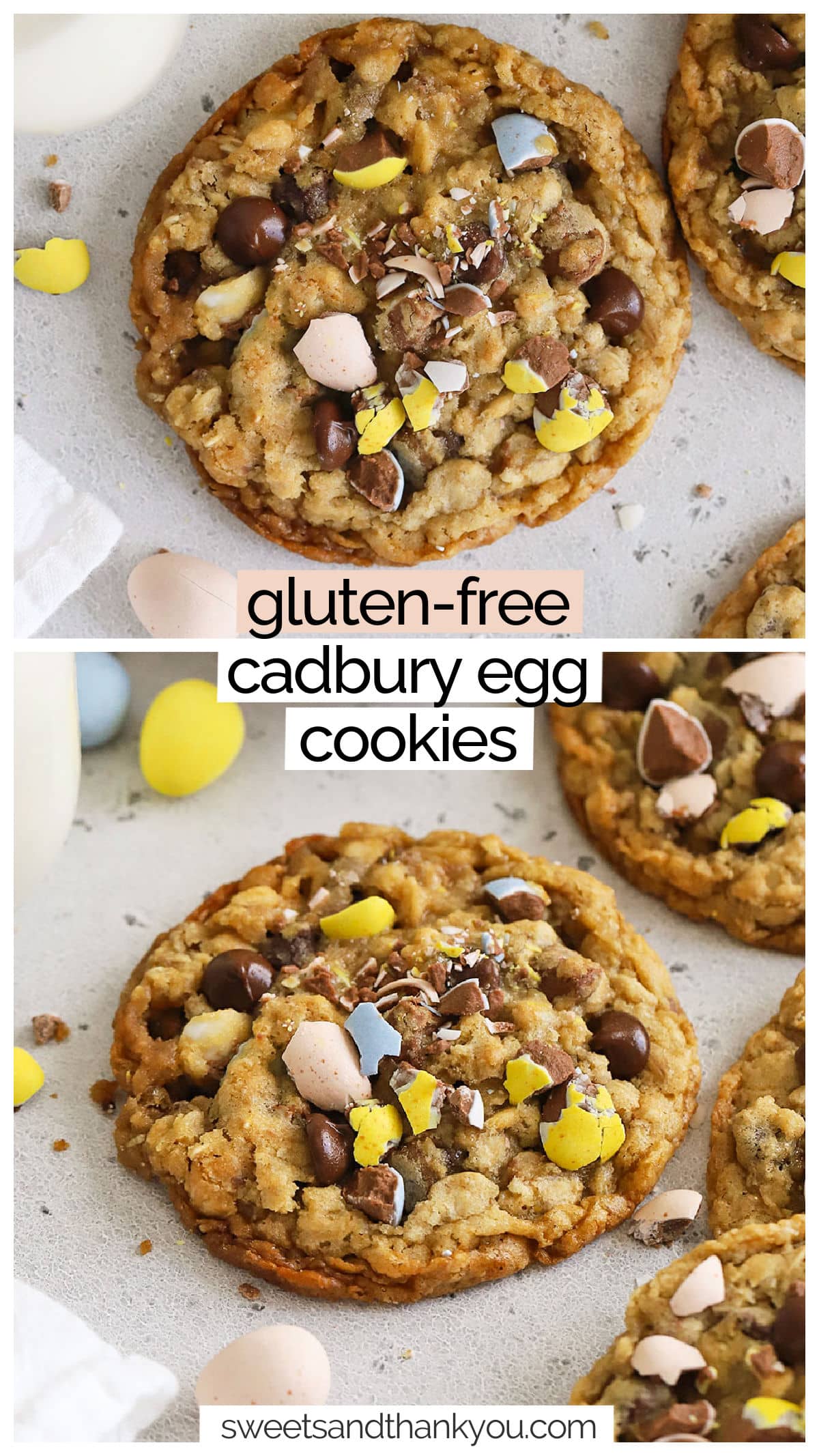 This Gluten-Free Cadbury Egg Cookies recipe is made with a chewy oatmeal cookie base, plenty of chocolate chips & Cadbury mini eggs in every bite! (So, basically, the perfect Easter cookie recipe!) If you need an easy gluten-free Easter dessert to try this year, these cookies are the PERFECT option. 