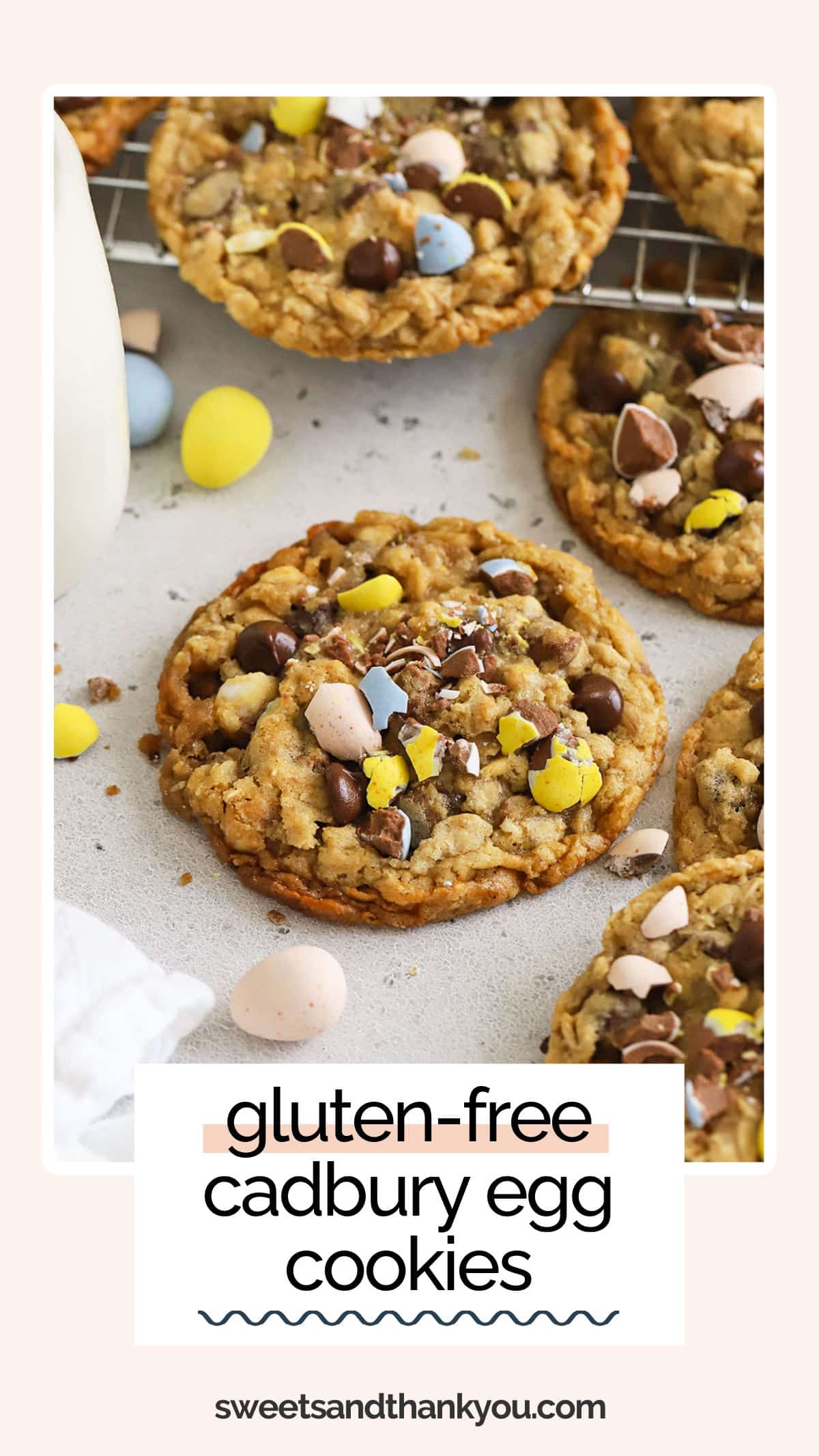 This Gluten-Free Cadbury Egg Cookies recipe is made with a chewy oatmeal cookie base, plenty of chocolate chips & Cadbury mini eggs in every bite! (So, basically, the perfect Easter cookie recipe!) If you need an easy gluten-free Easter dessert to try this year, these cookies are the PERFECT option. 
