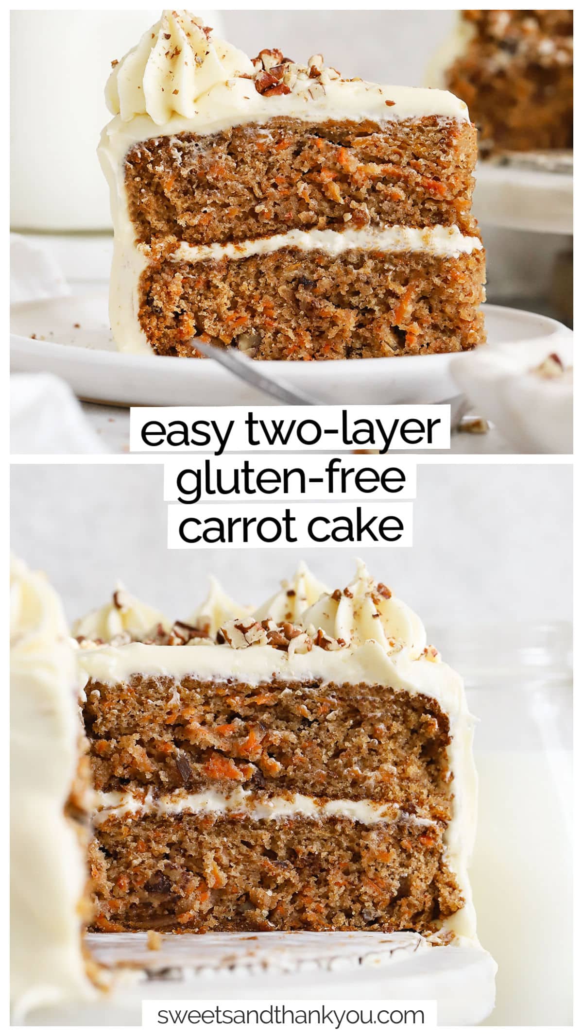 Our soft, fluffy Gluten-Free Carrot Cake recipe is made with two beautiful layers and an easy cream cheese frosting that make it feel special for any occasion. This carrot layer cake is the perfect gluten-free Easter dessert or spring treat for baby showers, spring parties, or celebrations. It's also an amazing gluten-free birthday cake! Don't miss our tips for decorating in the post!