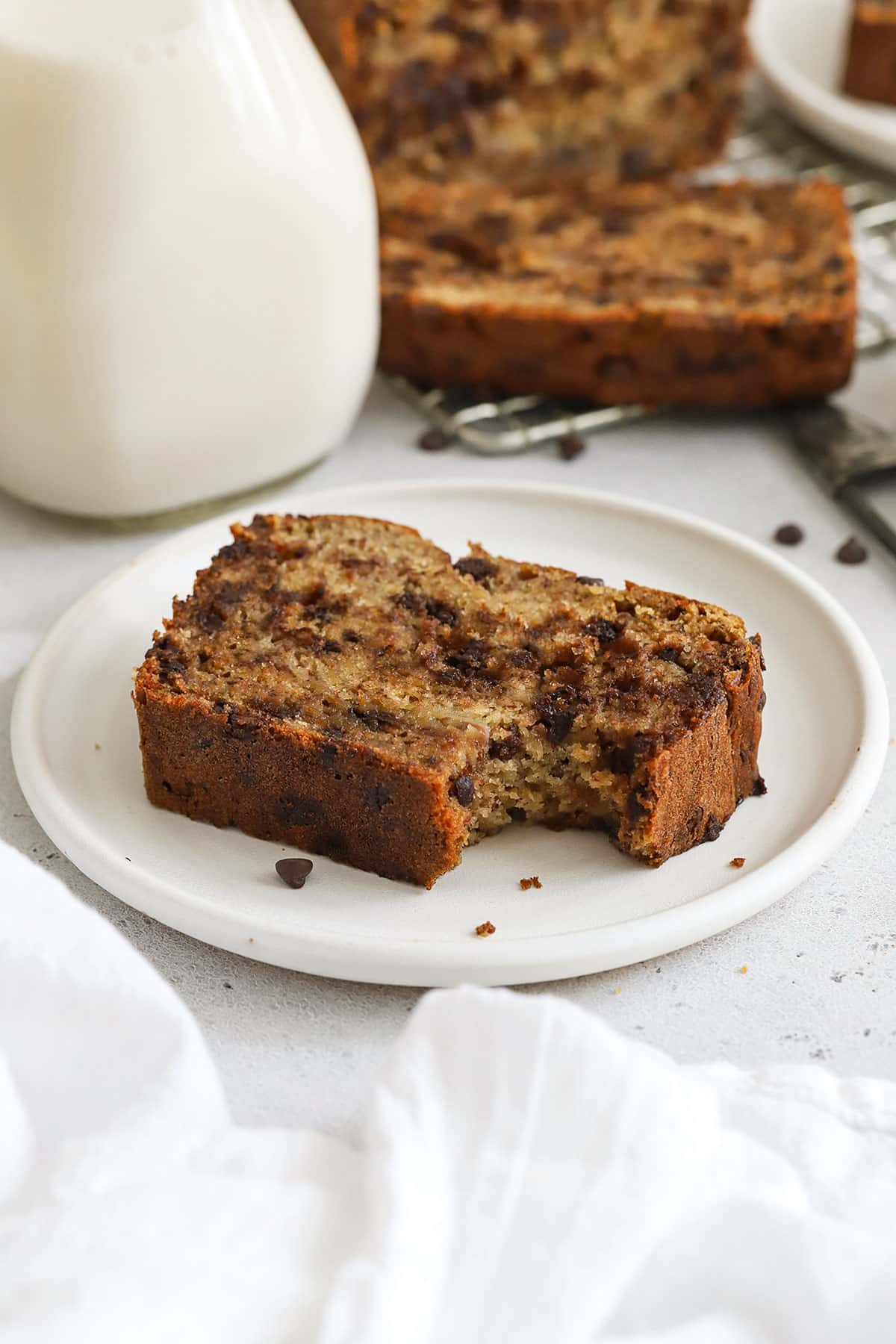 a slice of gluten-free chocolate chip banana bread with a bite taken out of it
