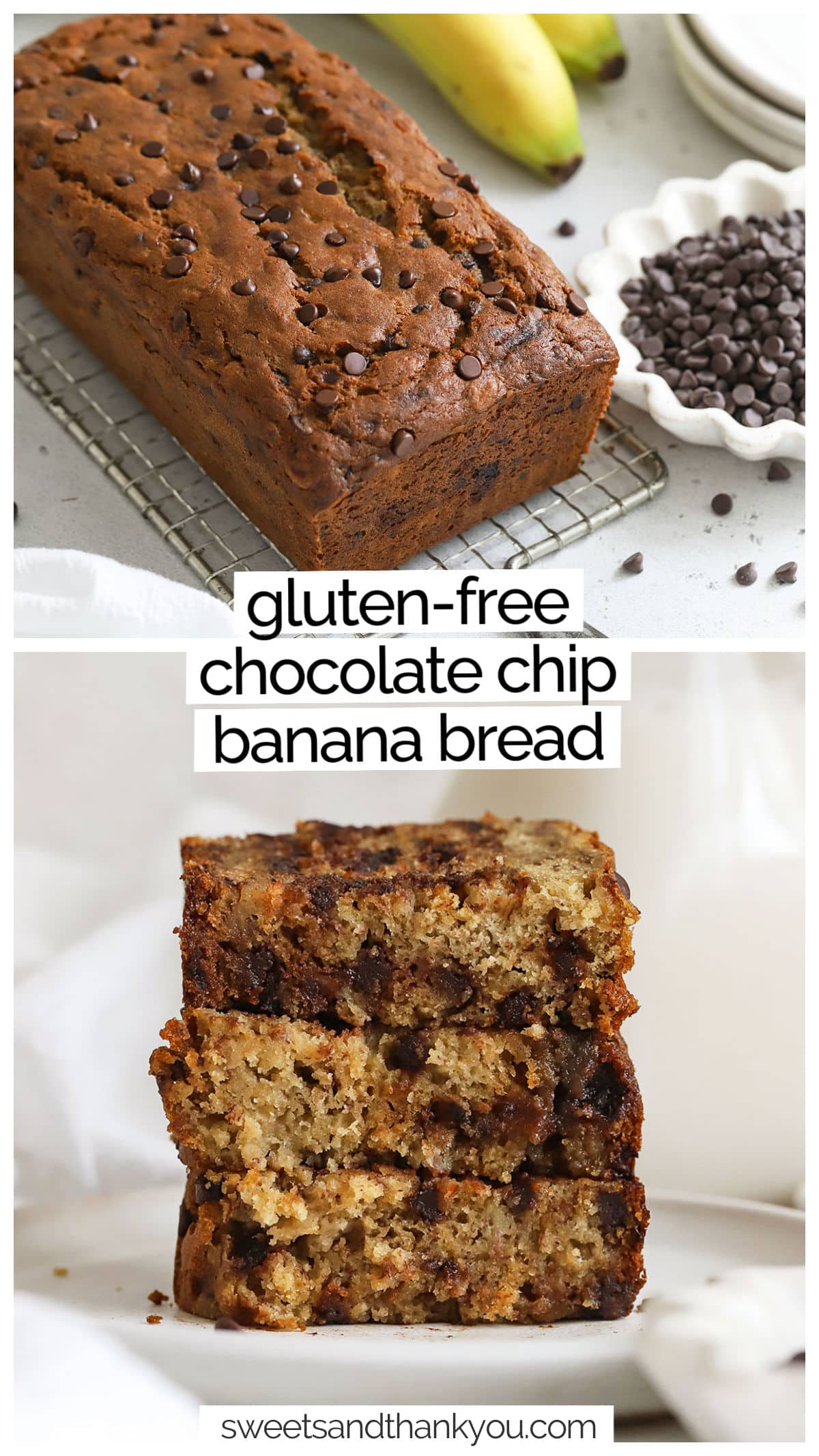 This one-bowl gluten-free chocolate chip banana bread recipe is ultra moist thanks to a few simple ingredients. It's got all the delicious flavor of classic gluten-free chocolate chip banana bread, simply made gluten-free! It's the perfect recipe to use up ripe bananas on your counter! We think the chocolate-banana flavor and soft texture make it the best gluten-free banana bread recipe around! 