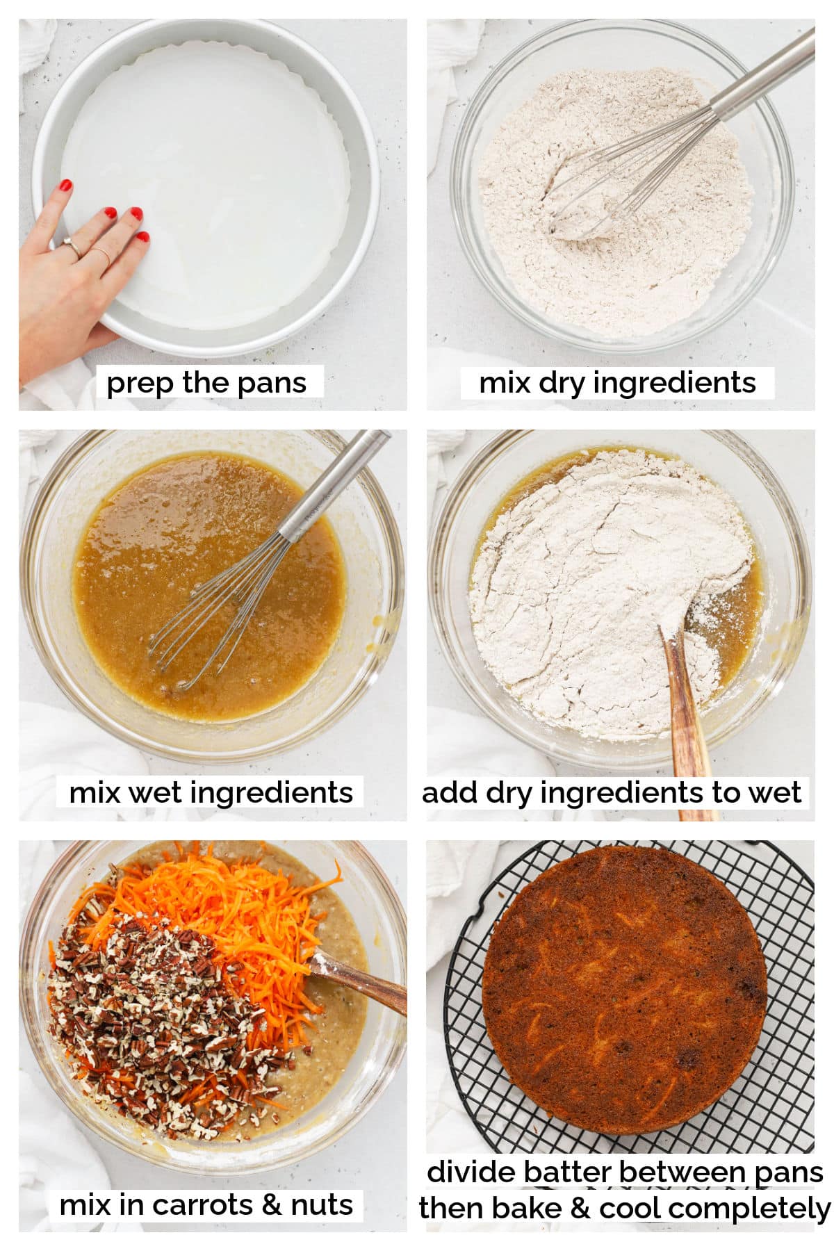 mixing up a gluten-free carrot cake batter, step by step