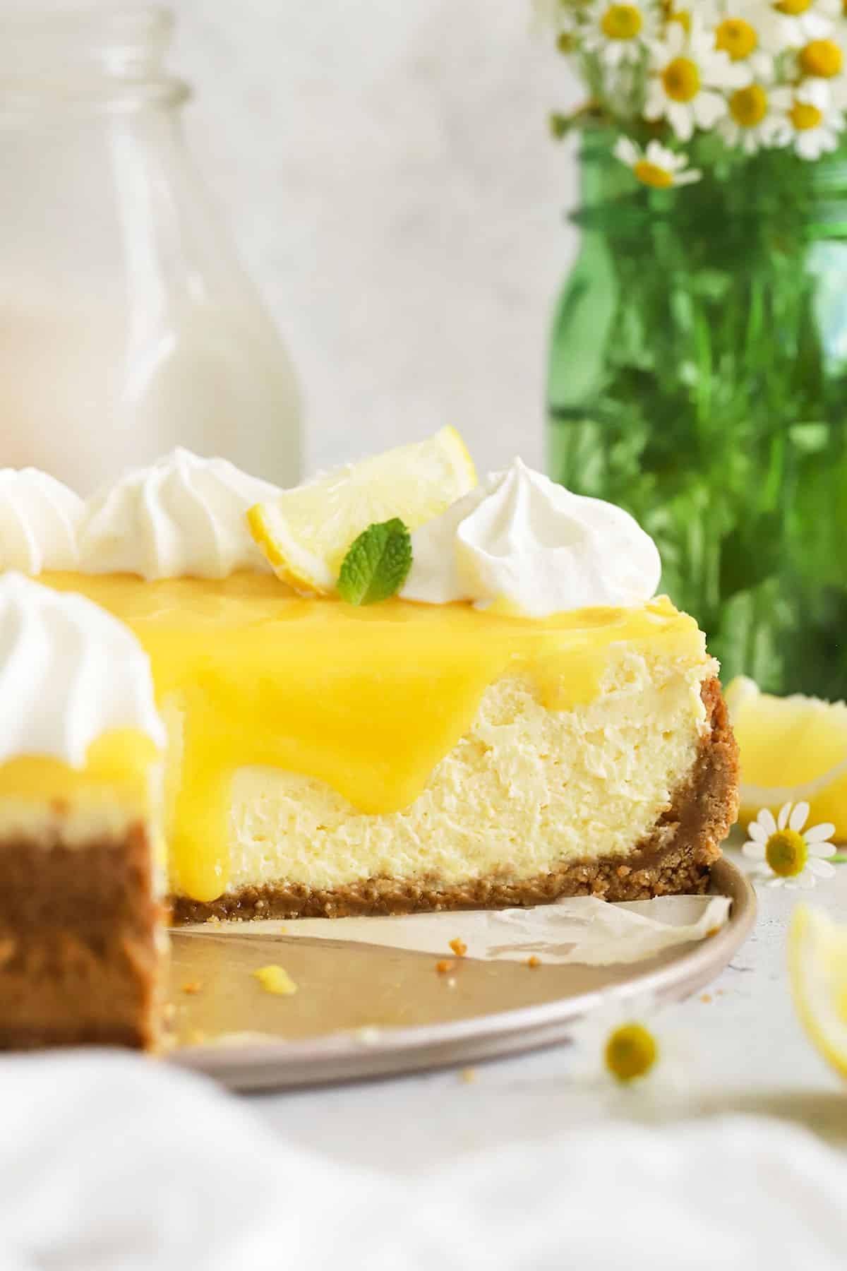 gluten-free lemon cheesecake on a dessert platter