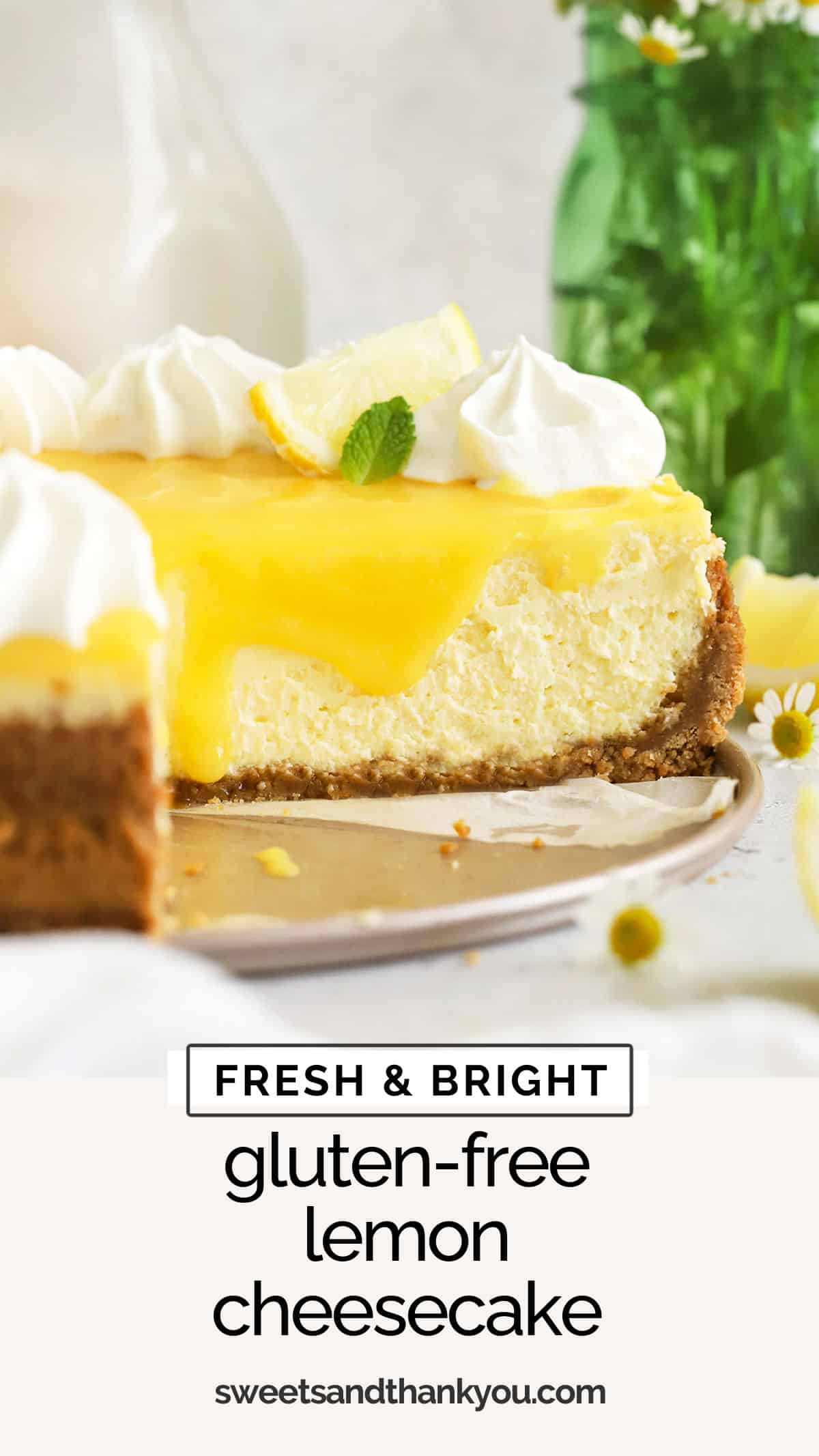 Our Gluten-Free Lemon Cheesecake recipe is the perfect lemon dessert recipe for lemon lovers! A buttery graham cracker crust, luscious lemon filling, zesty lemon curd, and fluffy whipped cream make each bite delicious! This gluten-free cheesecake recipe is the perfect spring dessert for Easter or Mother's Day, or makes an impressive Thanksgiving or holiday dessert. You won't want to miss it! 