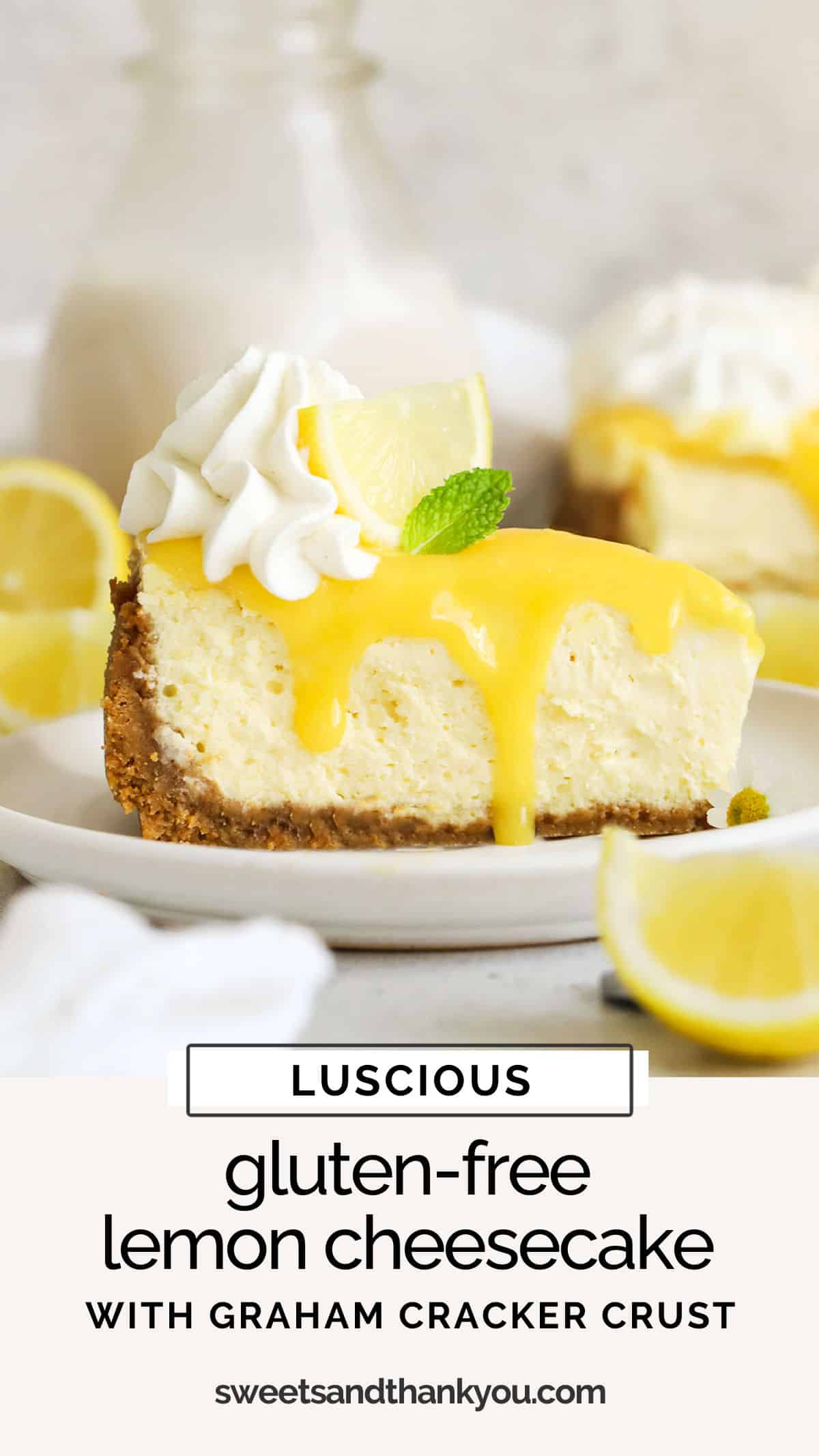 Our Gluten-Free Lemon Cheesecake recipe is the perfect lemon dessert recipe for lemon lovers! A buttery graham cracker crust, luscious lemon filling, zesty lemon curd, and fluffy whipped cream make each bite delicious! This gluten-free cheesecake recipe is the perfect spring dessert for Easter or Mother's Day, or makes an impressive Thanksgiving or holiday dessert. You won't want to miss it! 