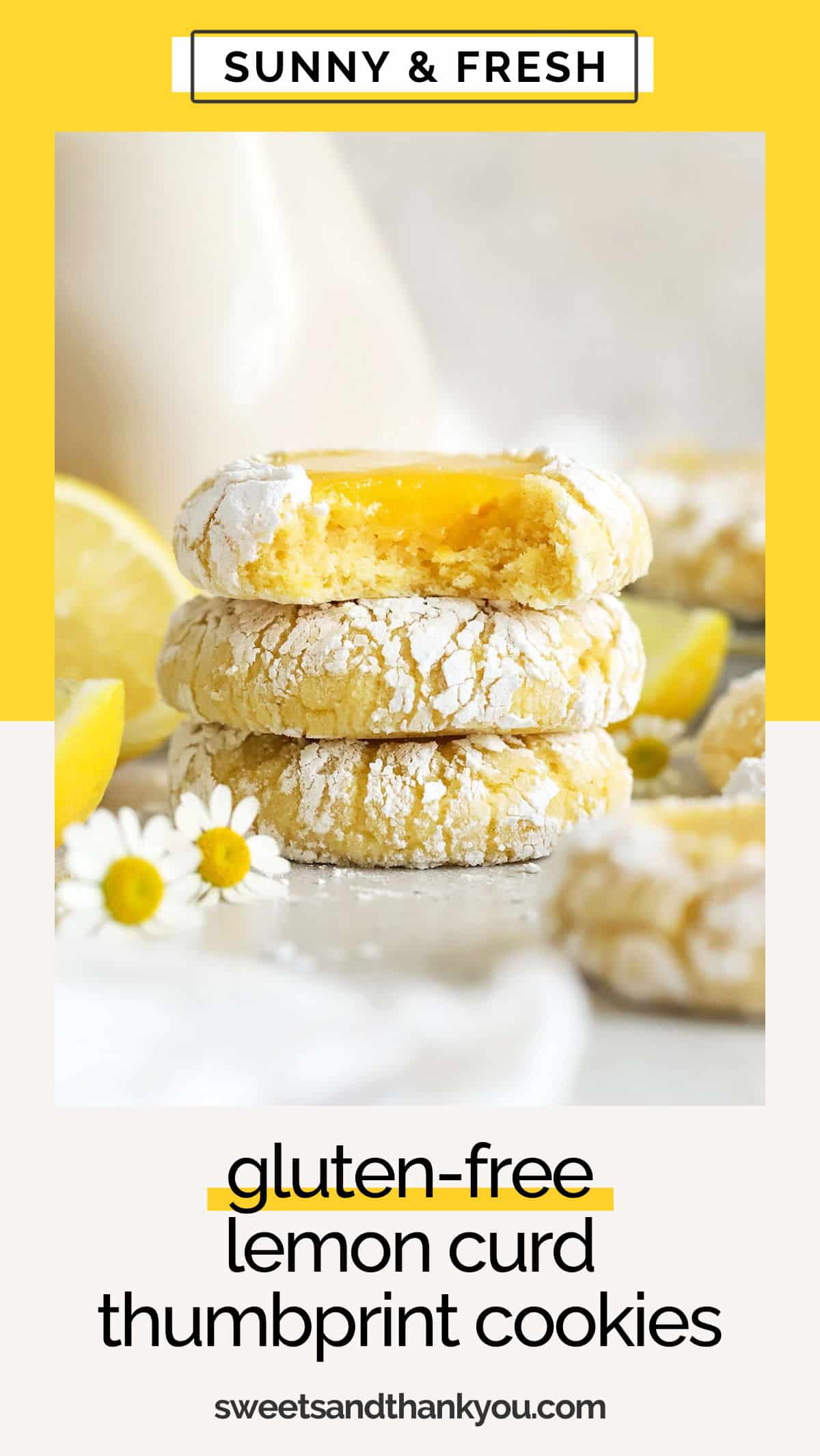 These gluten-free Lemon Thumbprint Cookies are made with a soft lemon crinkle cookie base and a dollop of homemade lemon curd filling for a double-dose of lemon goodness! They're the gluten-free lemon cookie recipe MADE for lemon lovers! We love them in the spring & summer or for the holidays. 