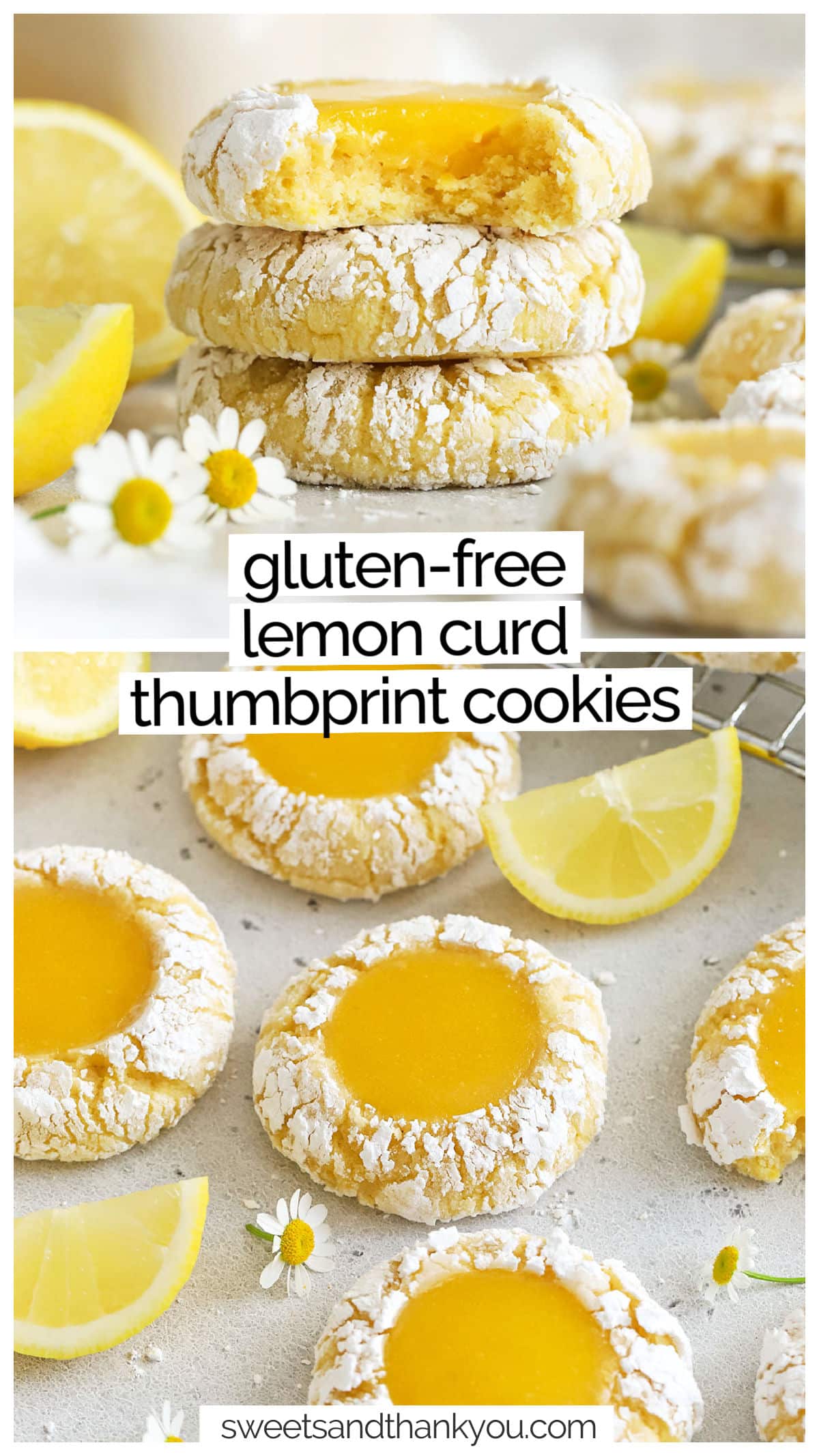 These gluten-free Lemon Thumbprint Cookies are made with a soft lemon crinkle cookie base and a dollop of homemade lemon curd filling for a double-dose of lemon goodness! They're the gluten-free lemon cookie recipe MADE for lemon lovers! We love them in the spring & summer or for the holidays. 