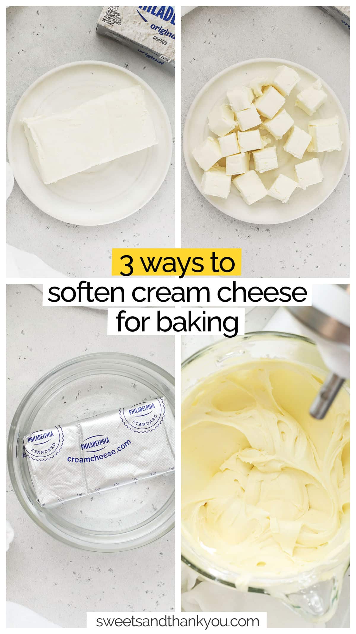 Softening cream cheese has never been easier! Learn 3 different tricks for softening cream cheese quickly. Perfect for making cheesecake, frosting, and more! We'll start with the easiest method (countertop), followed by cubing (faster), and then finish up with the fastest way to soften cream cheese (water method). With this quick baking tip, you'll be on your way to making cheesecake, frosting, and more in no time! 