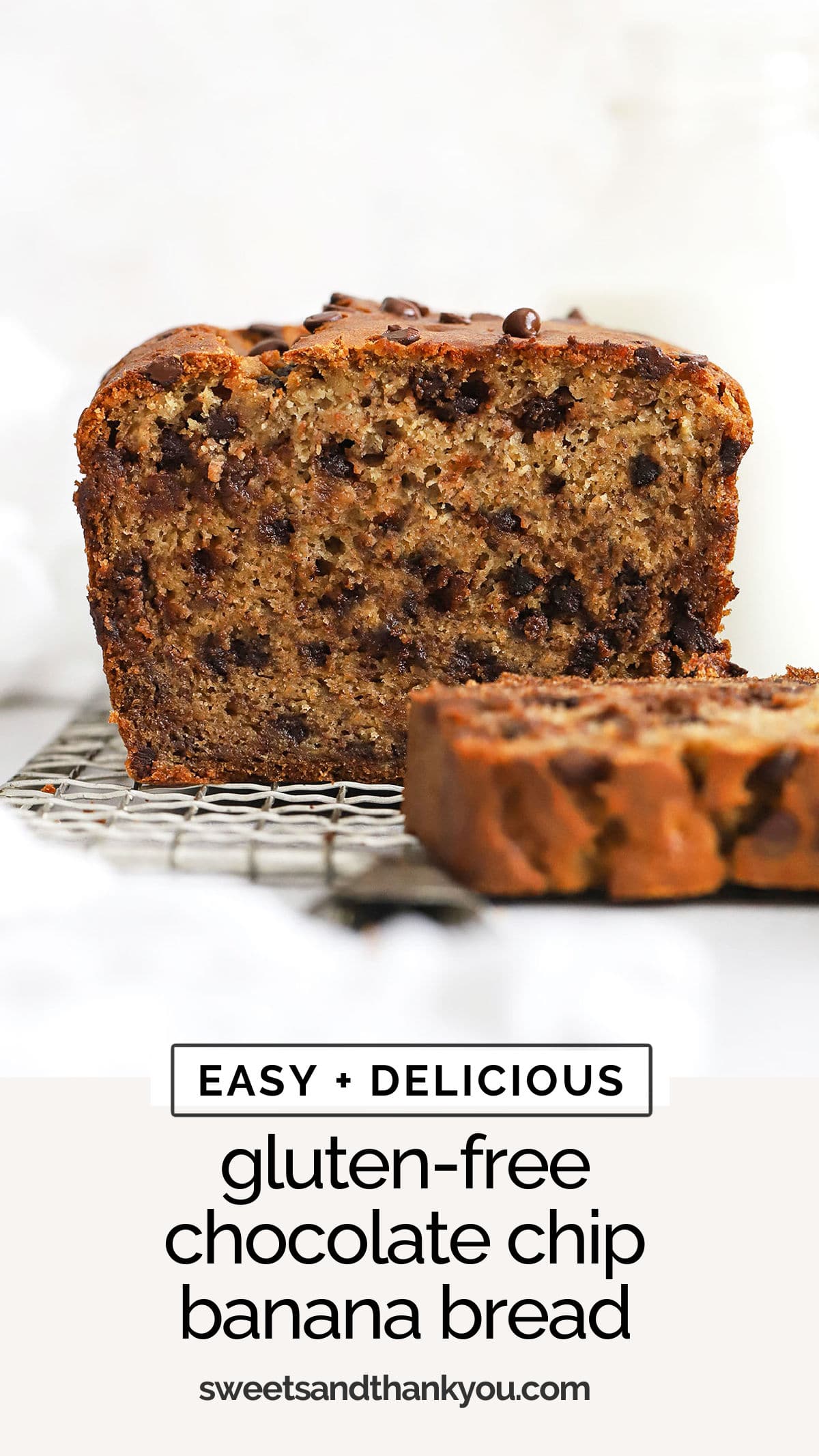 This one-bowl gluten-free chocolate chip banana bread recipe is ultra moist thanks to a few simple ingredients. It's got all the delicious flavor of classic gluten-free chocolate chip banana bread, simply made gluten-free! It's the perfect recipe to use up ripe bananas on your counter! We think the chocolate-banana flavor and soft texture make it the best gluten-free banana bread recipe around! 