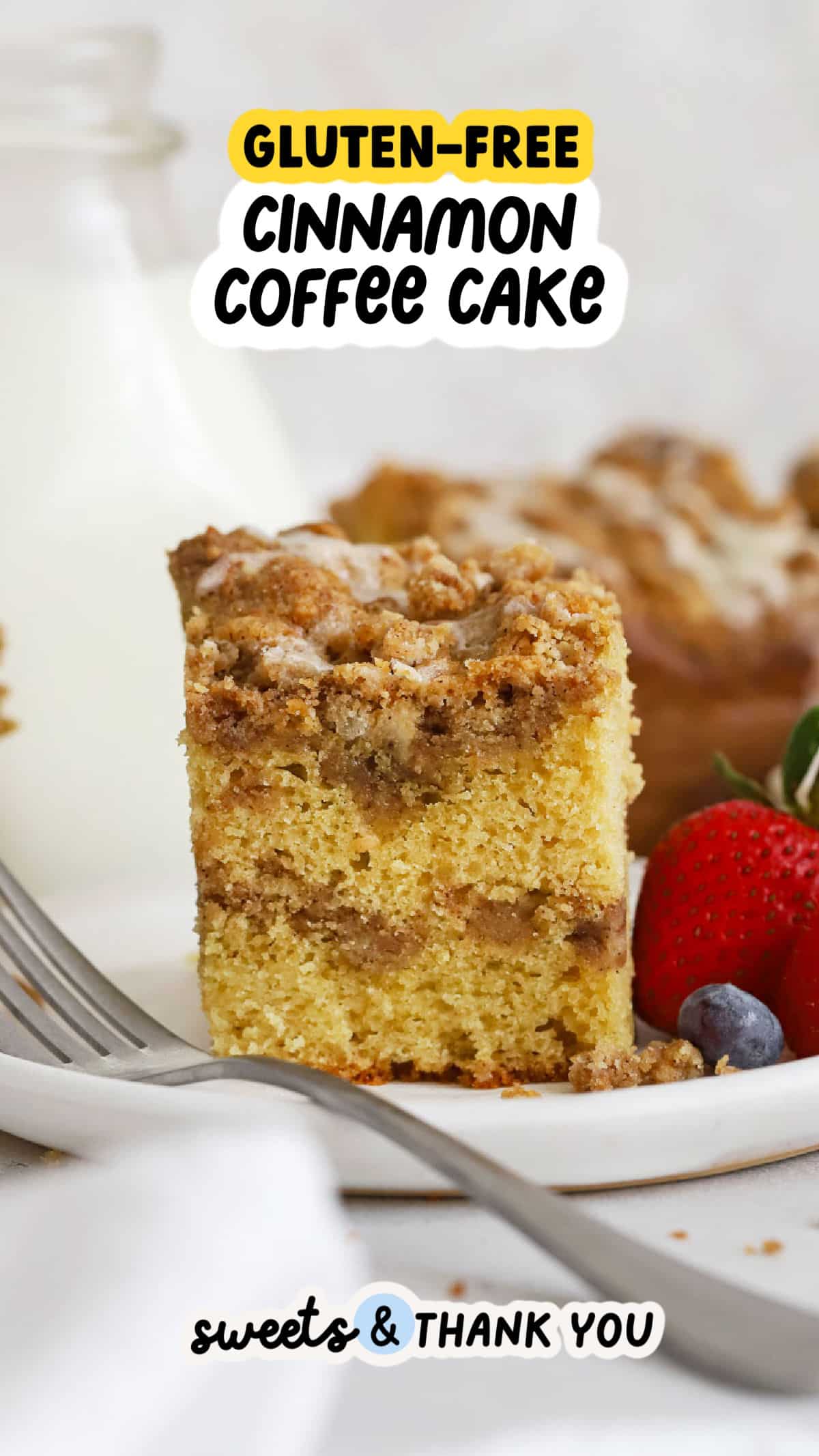 Our Gluten-Free Cinnamon Coffee Cake recipe has all the classic flavor you love, simply made gluten-free! This gluten-free crumb cake might just become your new favorite holiday breakfast. We combine fluffy, buttery vanilla cake with two layers of brown sugar cinnamon streusel topping for a delicious special occasion breakfast treat your whole family will love. Get the recipe at sweetsandthankyou.com