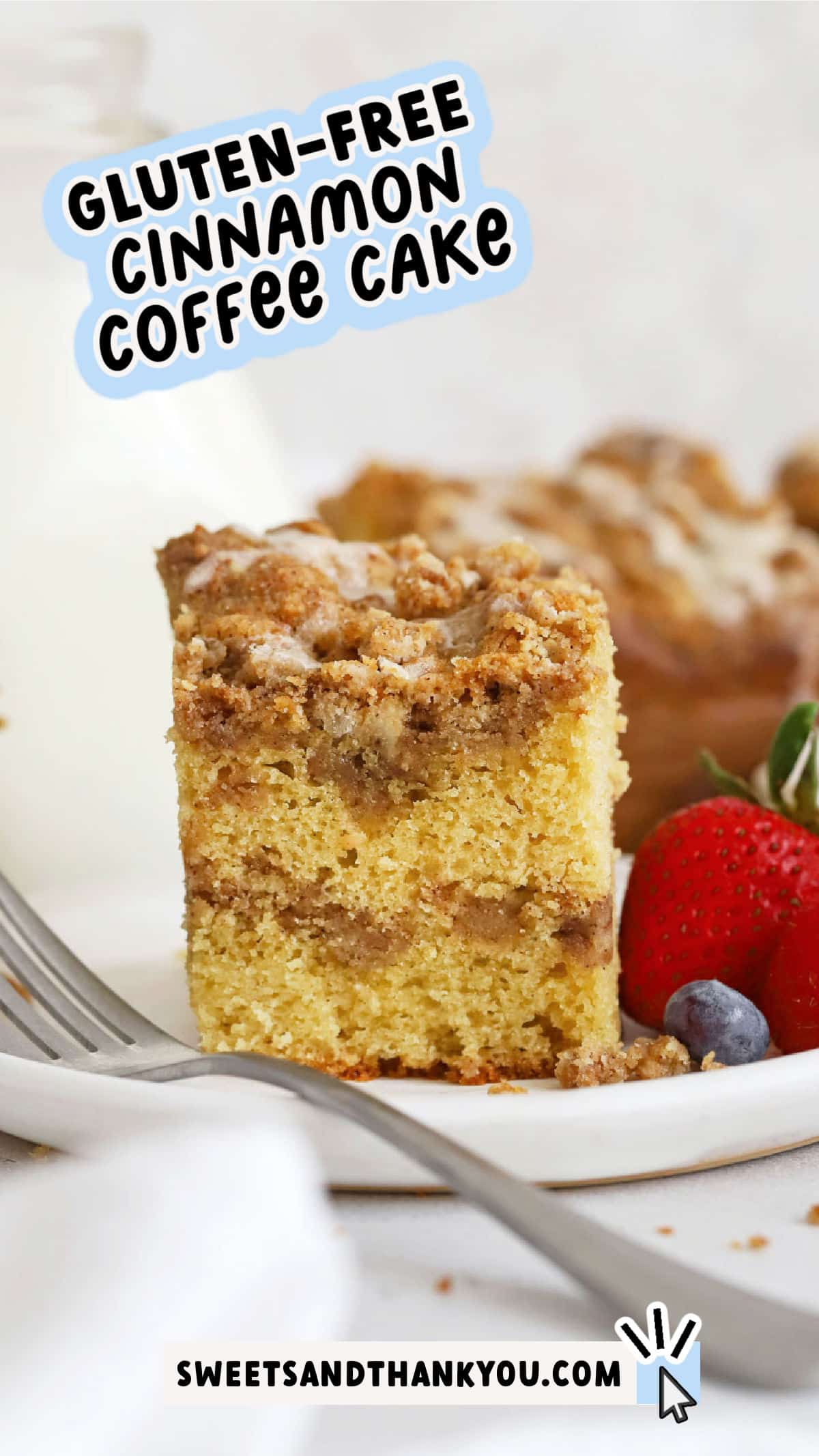 Our Gluten-Free Cinnamon Coffee Cake recipe has all the classic flavor you love, simply made gluten-free! This gluten-free crumb cake might just become your new favorite holiday breakfast. We combine fluffy, buttery vanilla cake with two layers of brown sugar cinnamon streusel topping for a delicious special occasion breakfast treat your whole family will love. Get the recipe at sweetsandthankyou.com