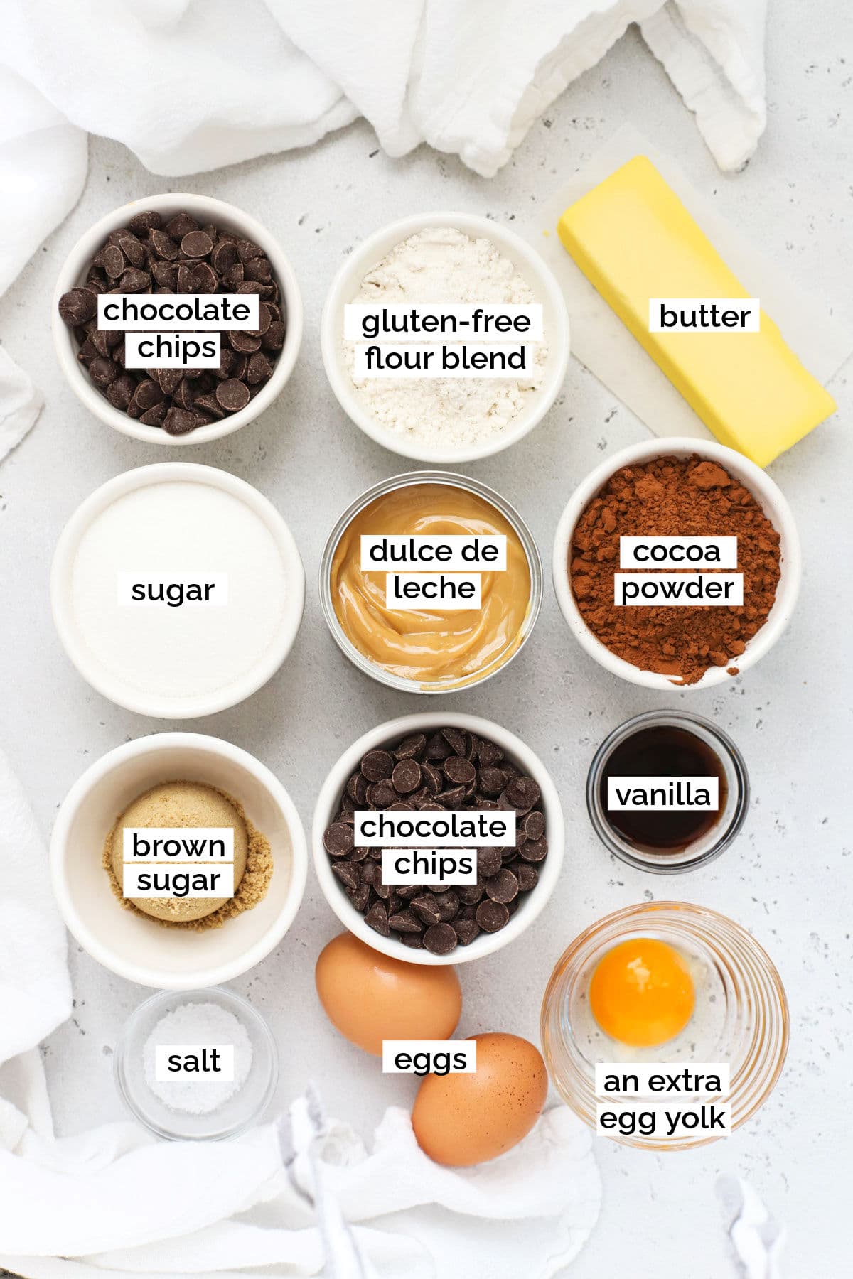 ingredients for gluten-free dulce de leche brownies