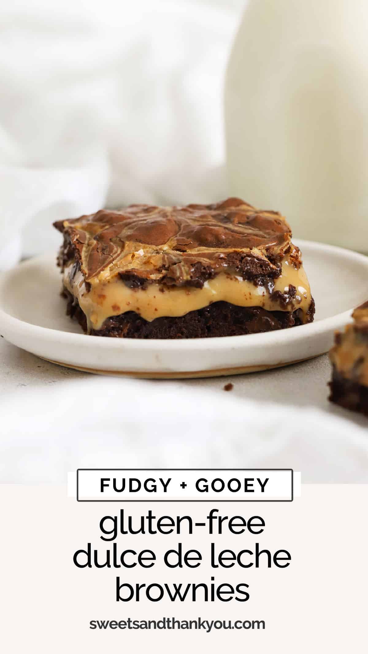 Level up your gluten-free brownie game with these fudgy Gluten-Free Dulce de Leche Brownies. They're the perfect decadent treat! Between the fudgy texture, chocolate flavor, and pockets of sweet dulce de leche in every bite, these gooey homemade brownies are a dream dessert for chocolate lovers! They're loaded with caramel chocolate flavor--yum!