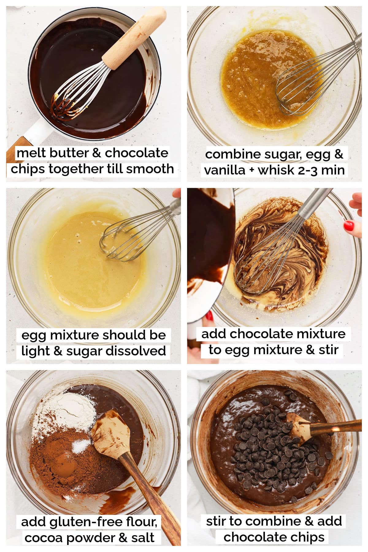 mixing up gluten-free brownie batter step by step