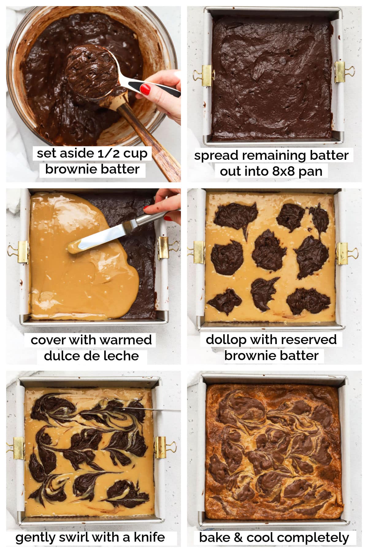 layering gluten-free dulce de leche brownies step by step