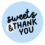 sweets & thank you logo in a blue circle