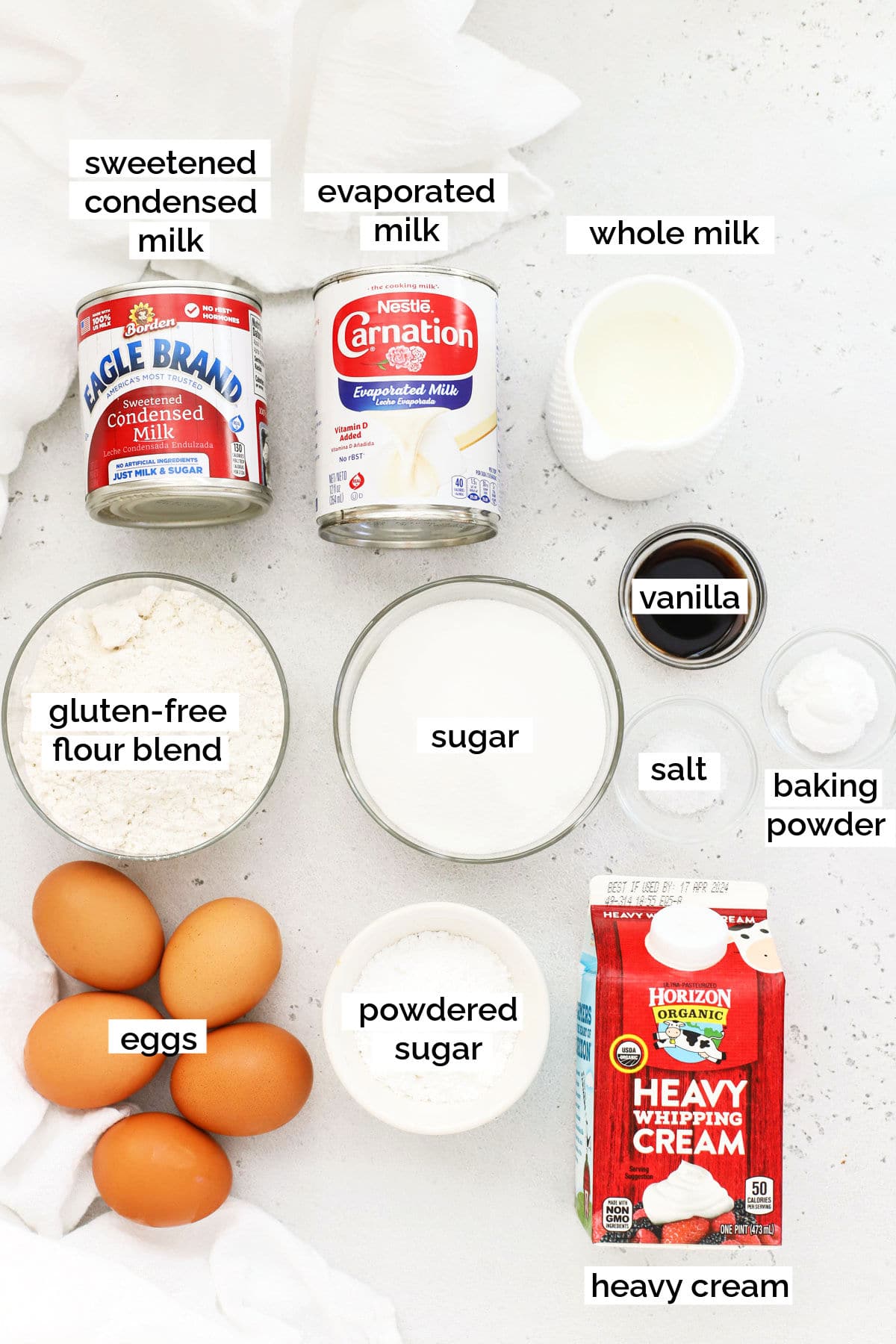 ingredients for gluten-free tres leches cake