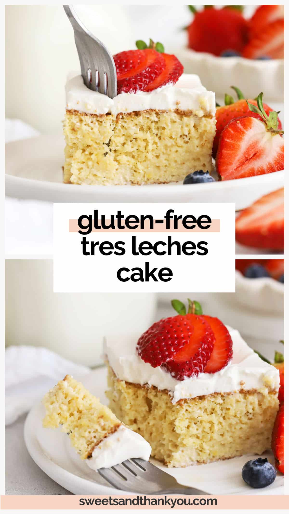 Let's make Gluten-Free Tres Leches Cake! This easy sponge cake gets soaked in a sweet milk mixture and topped with fluffy whipped cream and fresh berries. It's delicious, classic, and SO EASY to make! If you've never had it before, it's basically the original poke cake recipe! This ultra-moist cake tastes sweet and creamy, with notes of vanilla in every bite. It's the perfect sweet dessert to pair with a Mexican dinner or serve for a Cinco de Mayo celebration. 