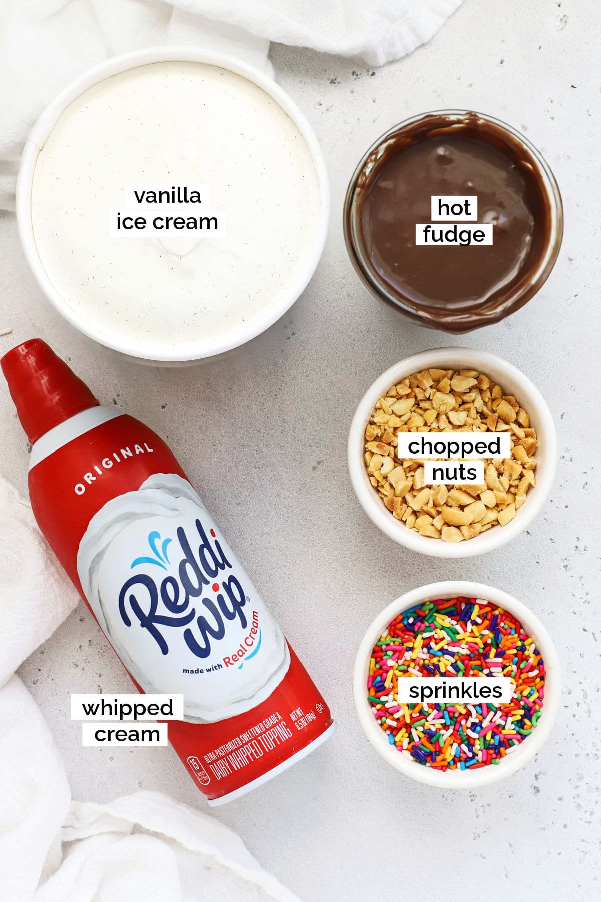 ingredients for a hot fudge sundae
