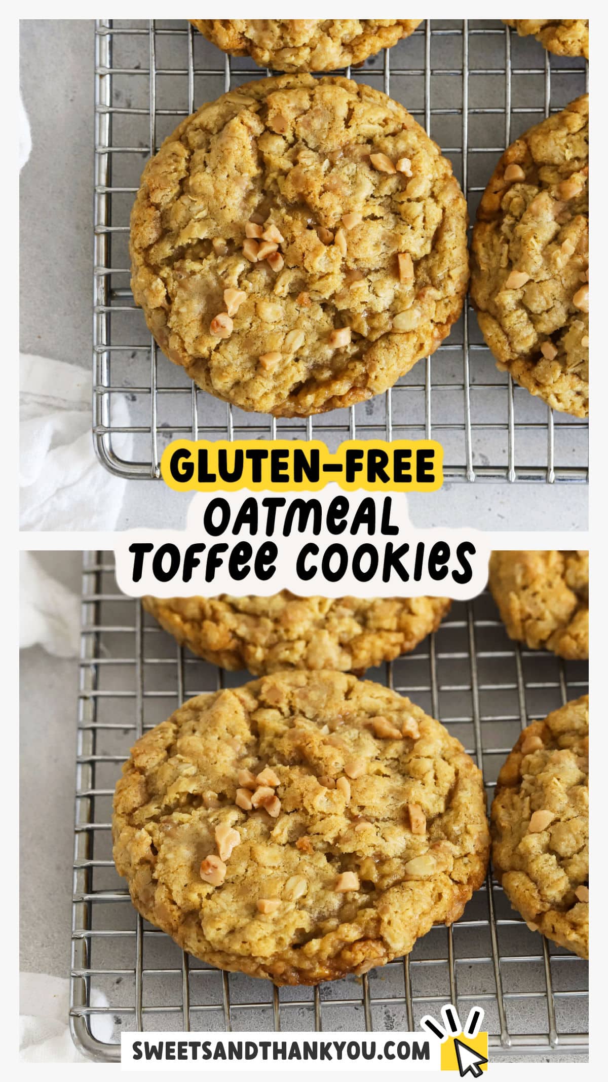 Our Gluten-Free Oatmeal Toffee Cookies combine a soft, chewy oatmeal cookie base with crunchy toffee bits for a yummy bakery-style cookie recipe you'll LOVE! They're a delicious take on classic oatmeal cookies and so easy to make, thanks to simple ingredients. Get the recipe for these gluten-free toffee oatmeal cookies (and a few variations to try!) at sweetsandthankyou.com